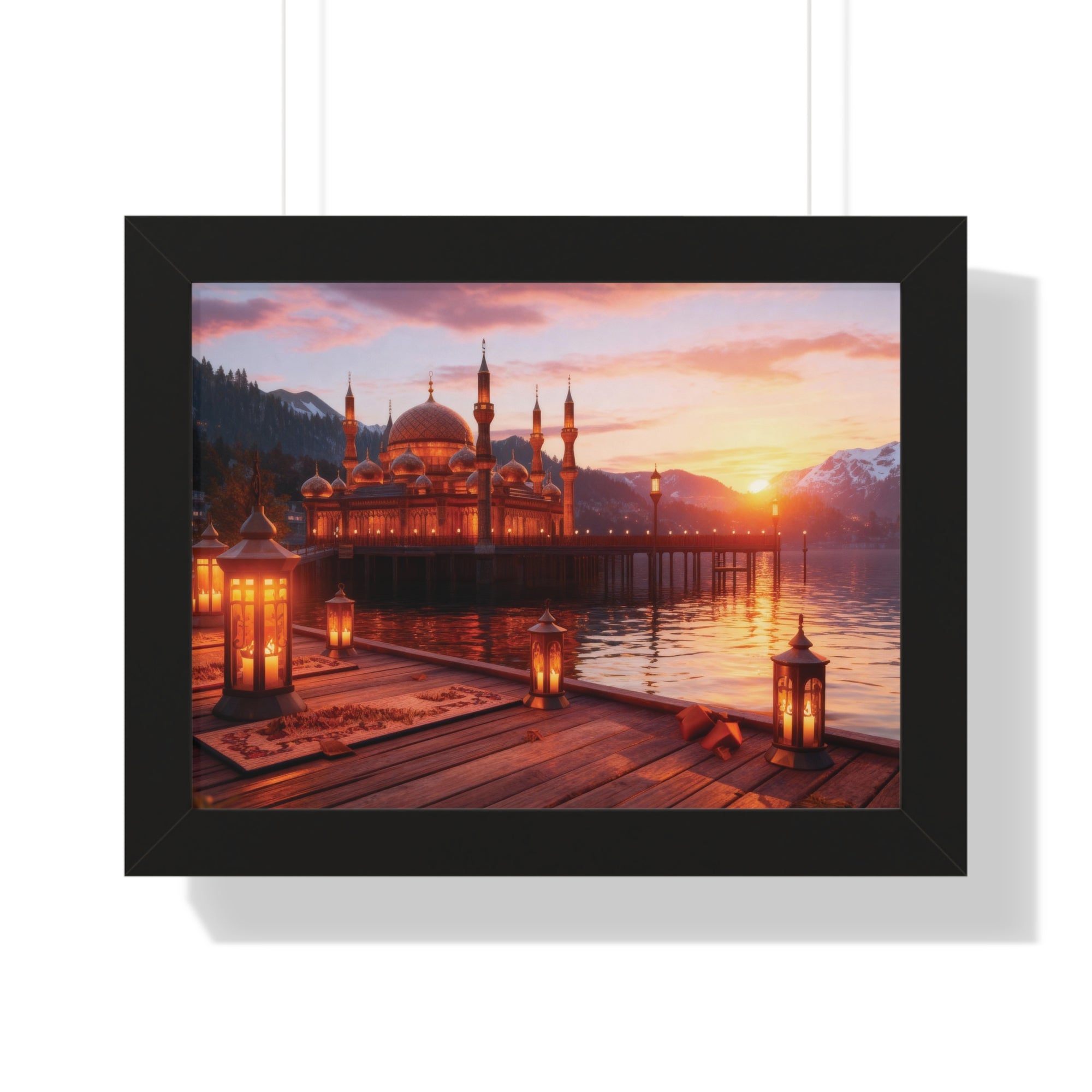 Twilight Serenity – Illuminated Mosque Reflections Framed Wall Art