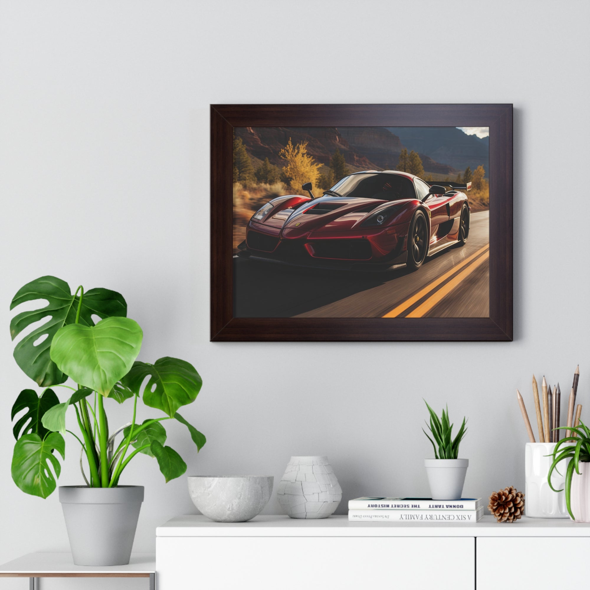Red Ferrari F50 – Framed Poster in Majestic Mountain Setting