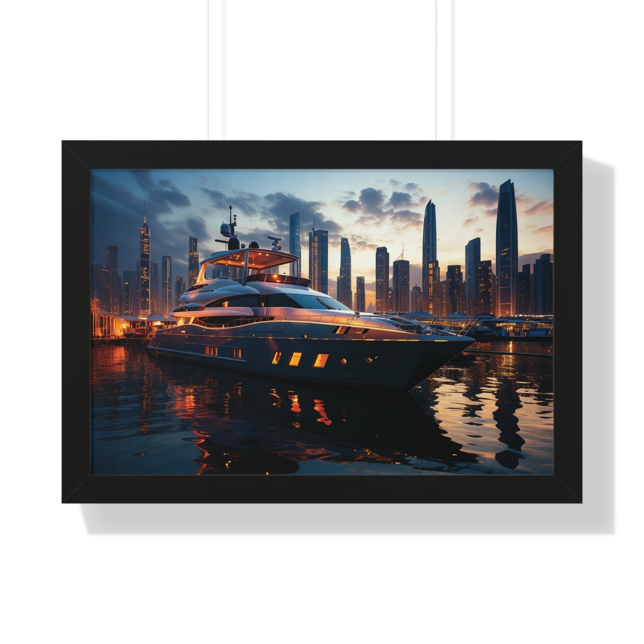 Framed Luxury Yacht at Sunset – Unique Marina Cityscape Wall Art