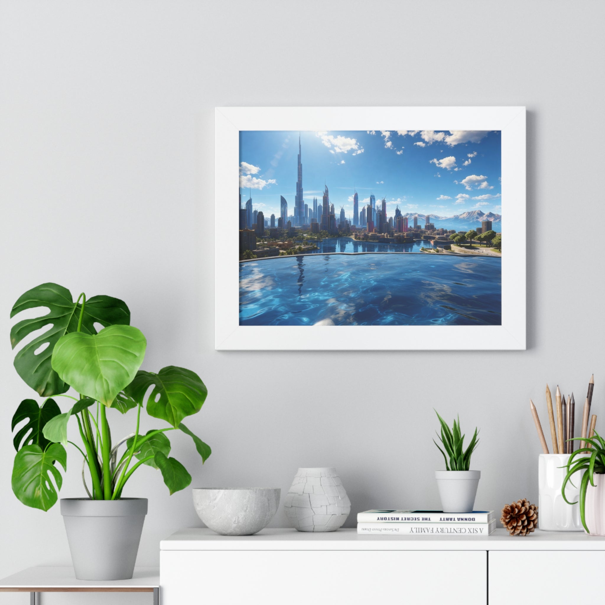 Infinity Pool Skyline View – Framed Luxury Wall Art with Cityscape and Mountain Backdrop