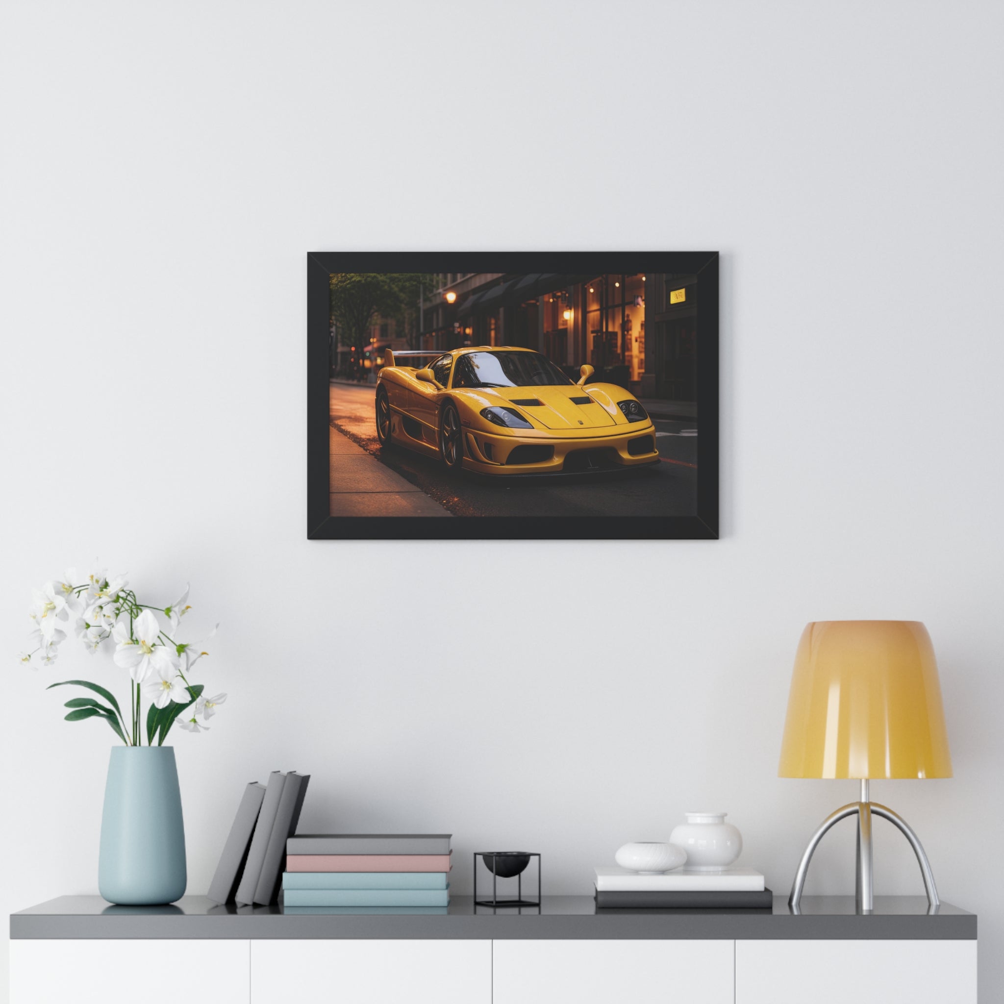 Framed Supercar Poster – Yellow Ferrari F50 in Manhattan