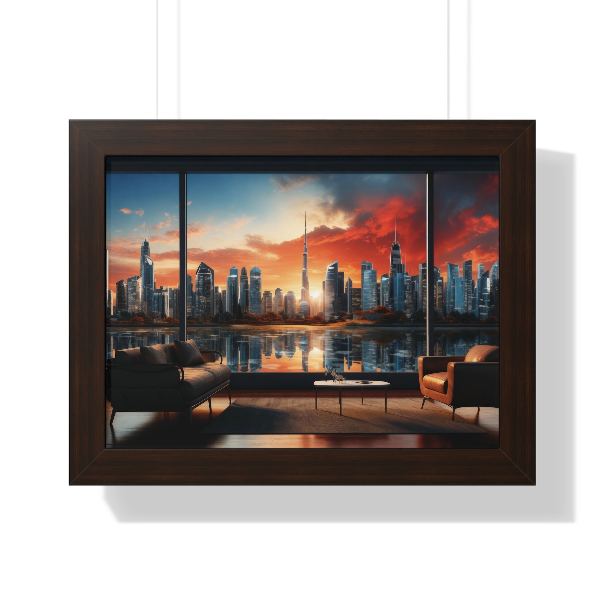 Framed Luxury City View – Modern Living Room Wall Art with Skyline Sunset Reflection