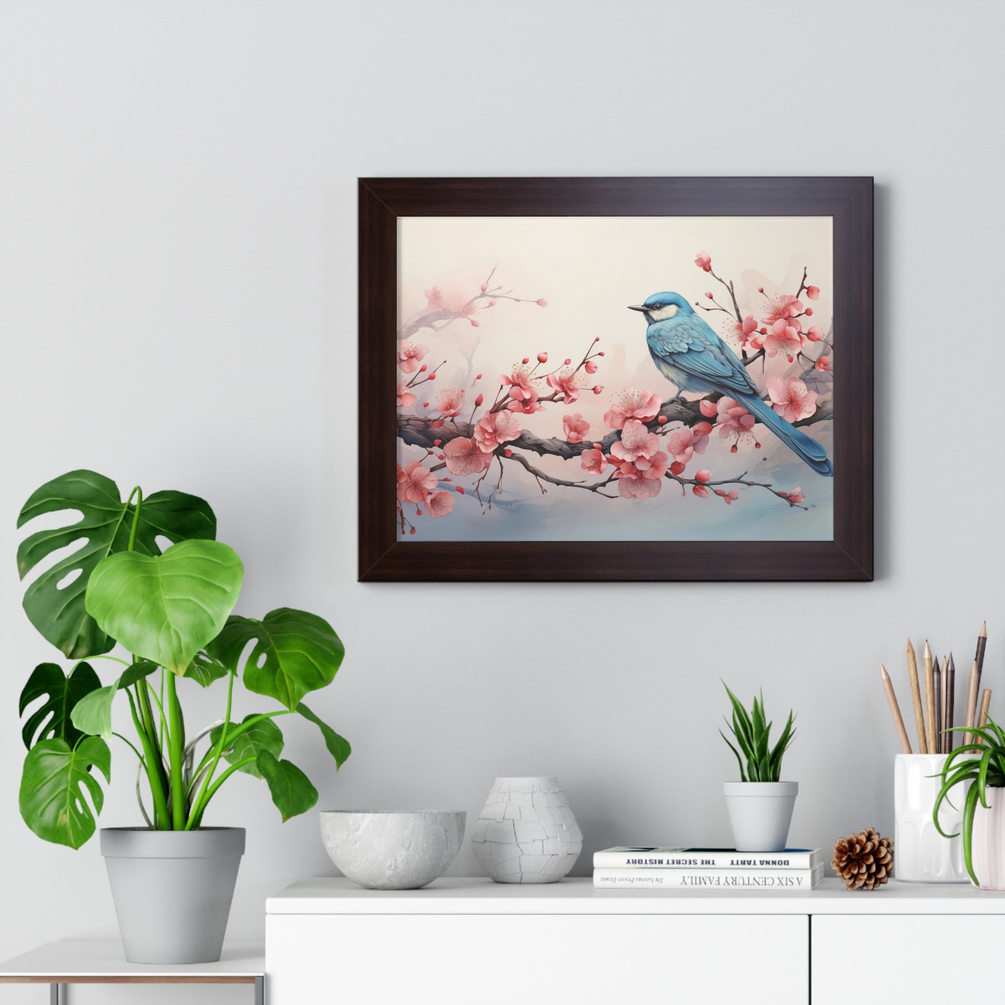 Blue Jay in Bloom  Botanical Wall Art with Cherry Blossoms
