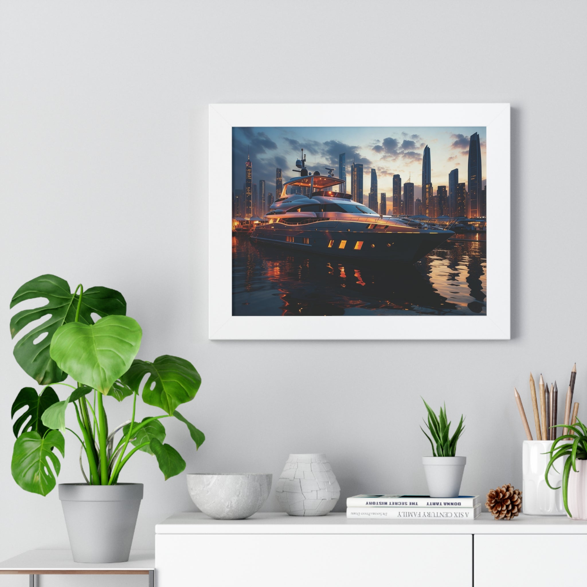 Framed Luxury Yacht at Sunset – Unique Marina Cityscape Wall Art