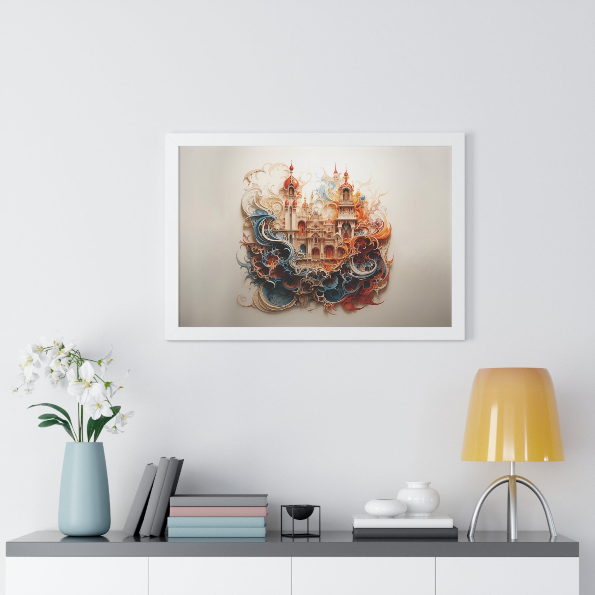 Whimsical Citadel – Mosque Themed Framed Wall Art in Swirling Hues