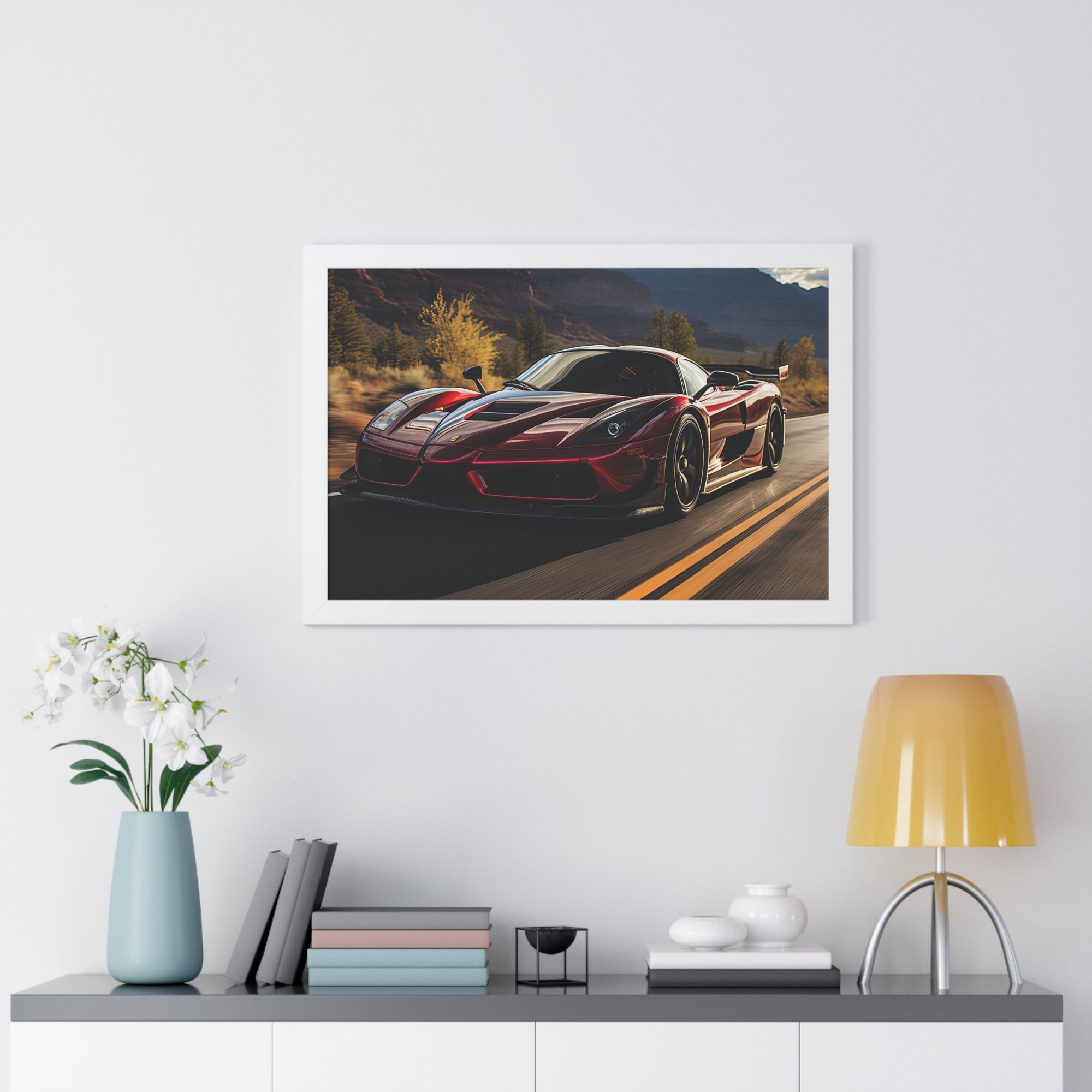 Red Ferrari F50 – Framed Poster in Majestic Mountain Setting