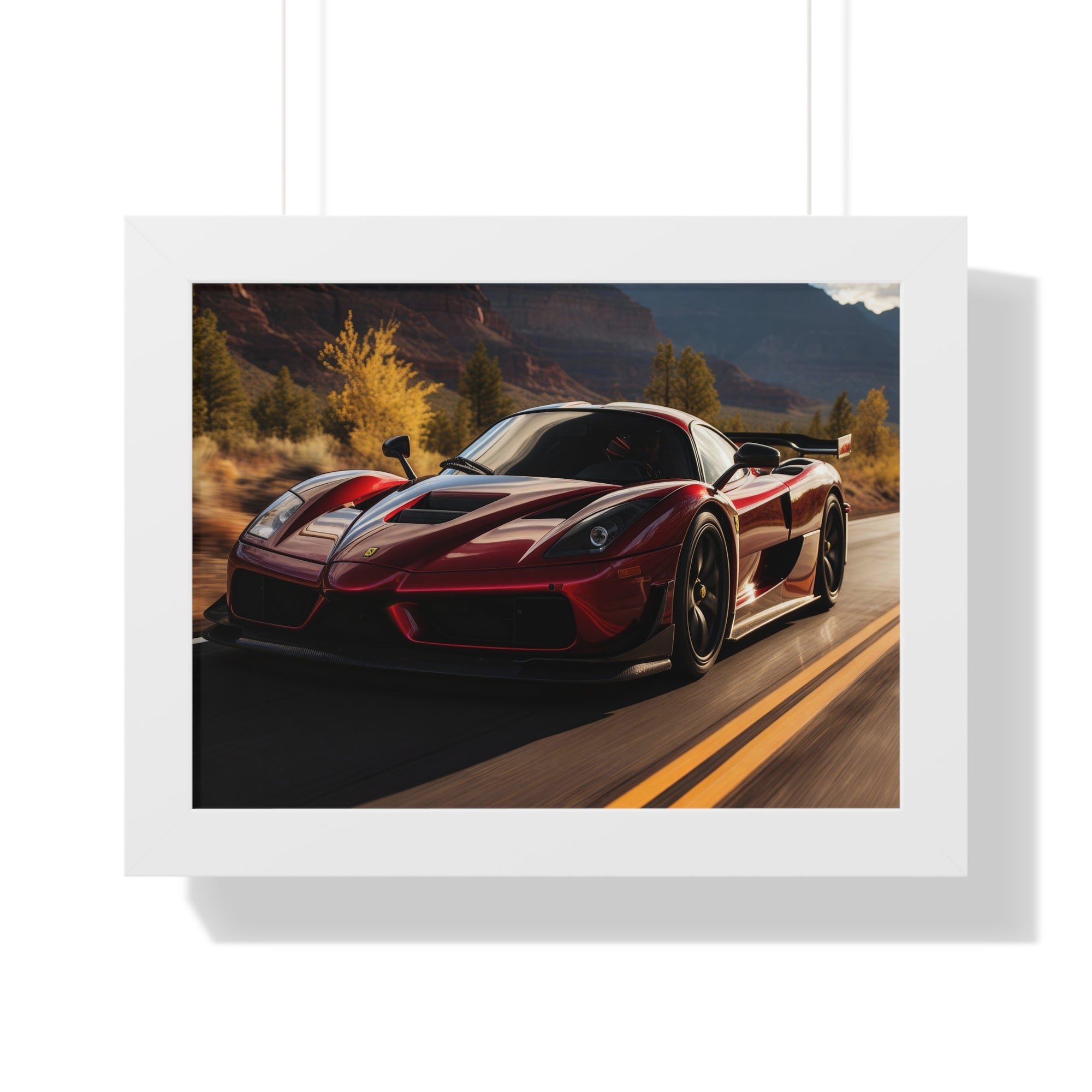 Red Ferrari F50 – Framed Poster in Majestic Mountain Setting