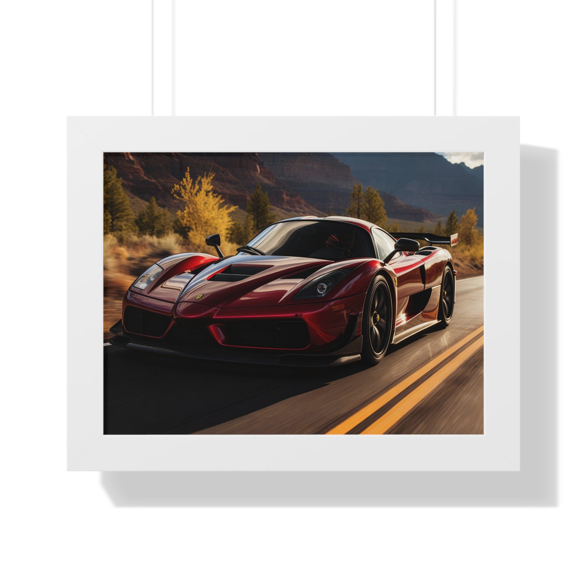 Red Ferrari F50 – Framed Poster in Majestic Mountain Setting