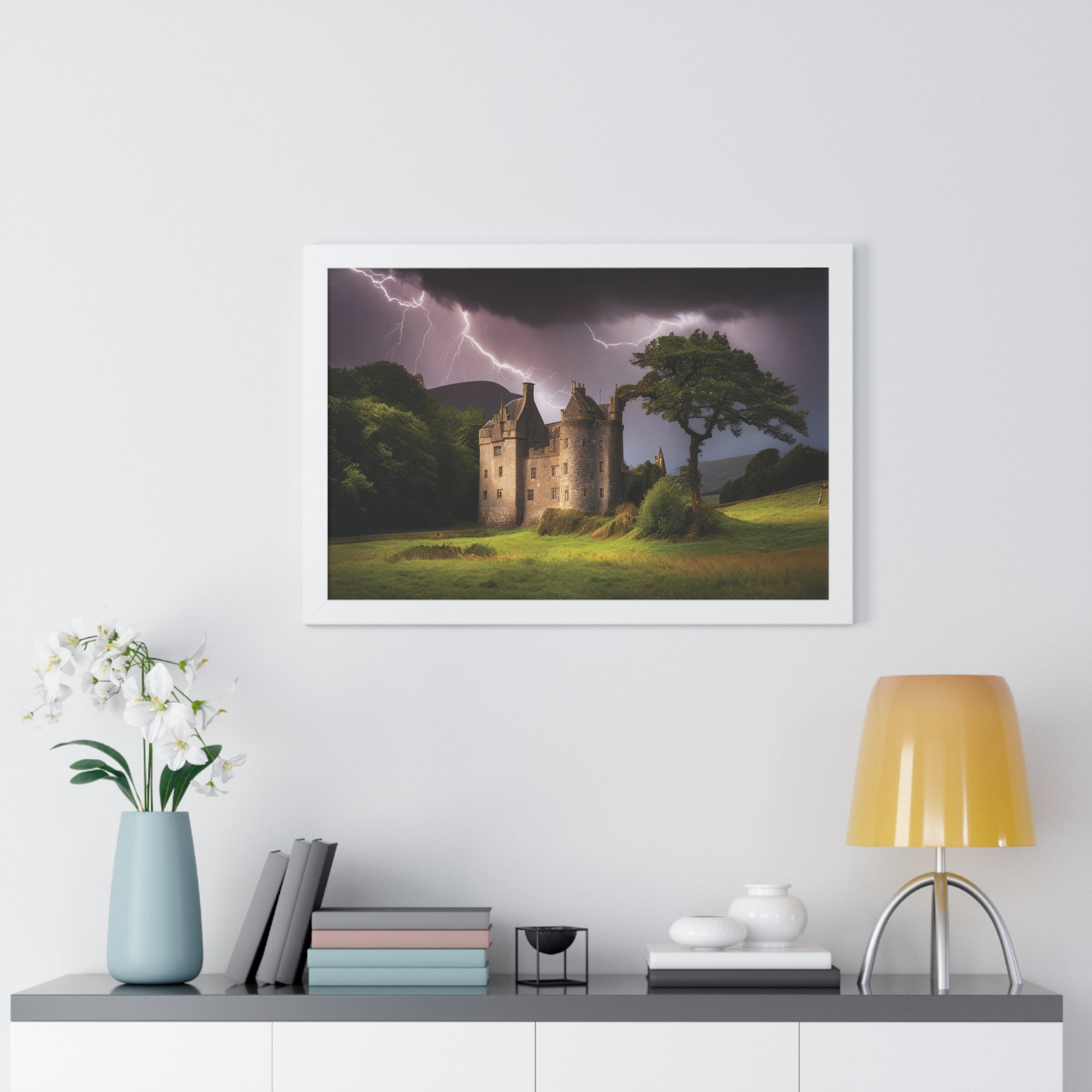 Mystic Castle Lightning Storm Wall Art – Dramatic Gothic Landscape Print