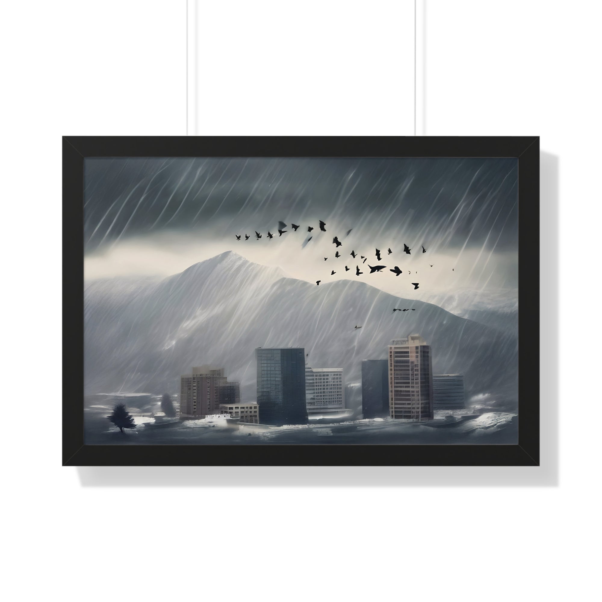 Urban Downpour with Birds in Flight – Futuristic Wall Print