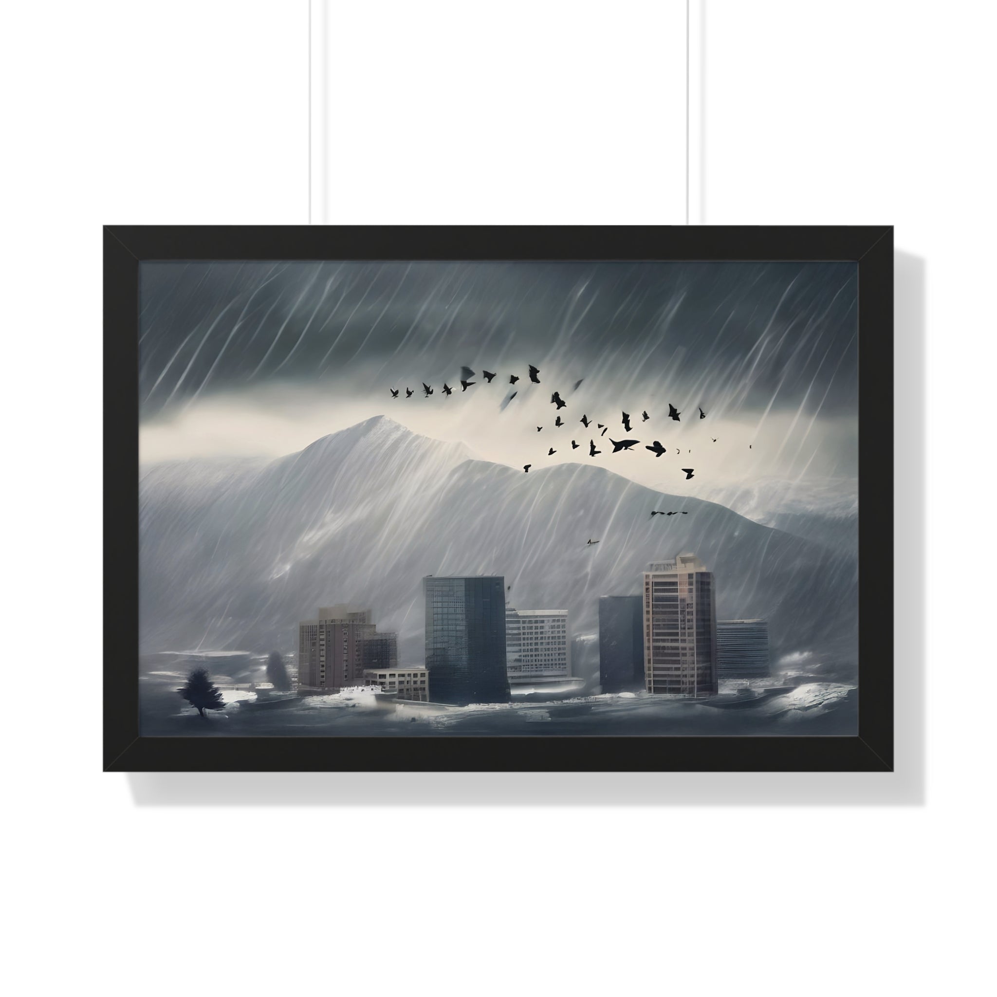 Urban Downpour with Birds in Flight – Futuristic Wall Print