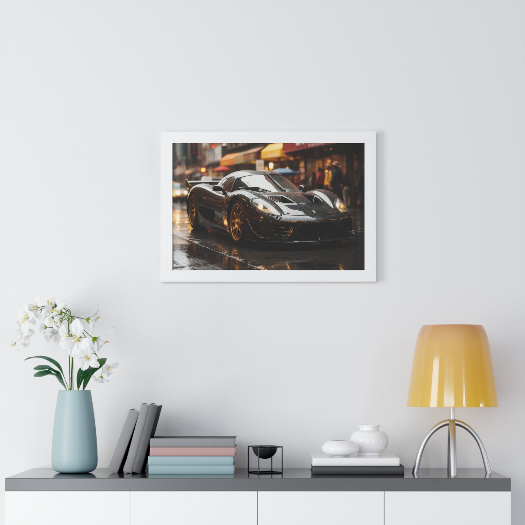 Exotic Black Ferrari F50 Framed Horizontal Poster – Supercar Wall Art for Car Enthusiasts