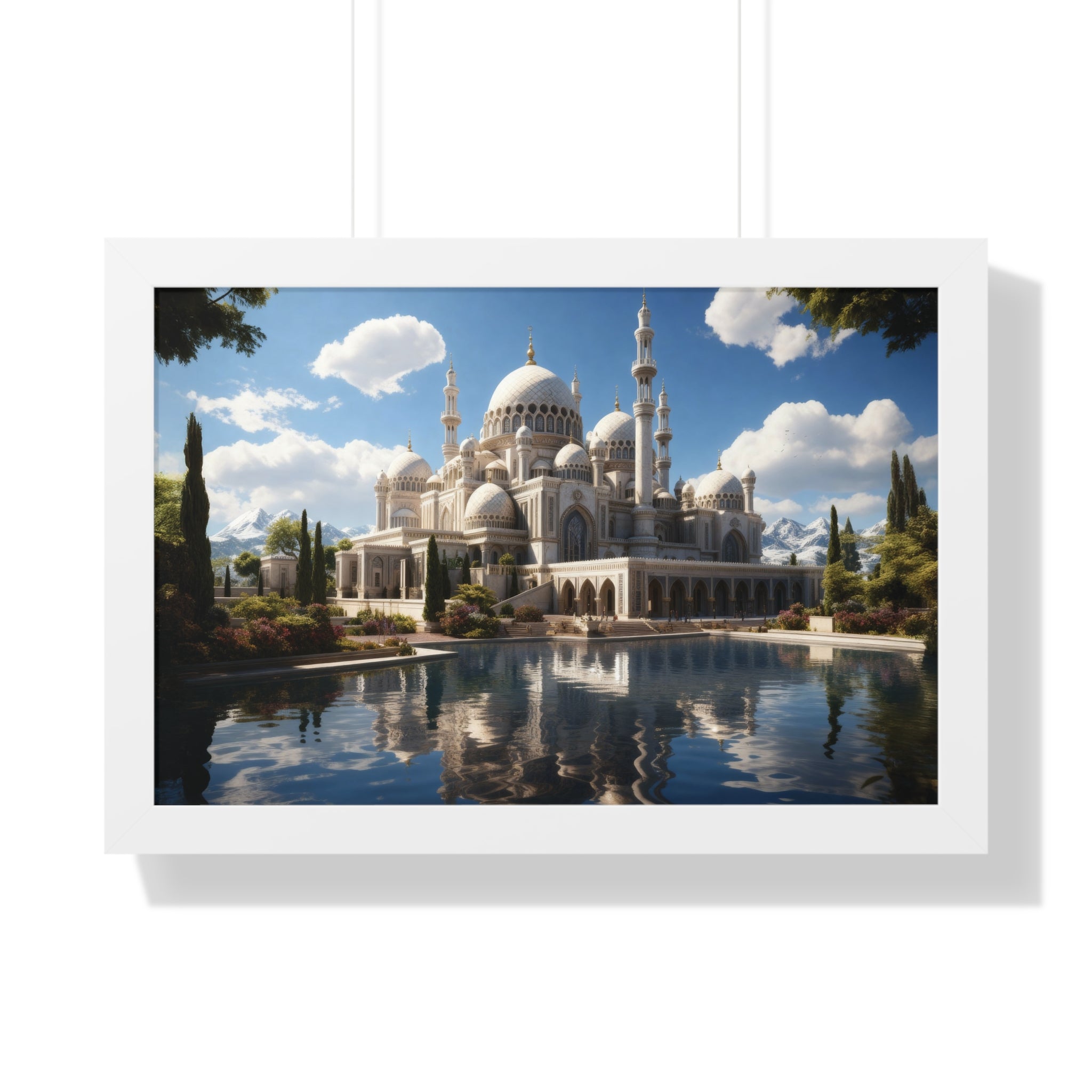 Reflections of Faith – Framed Islamic Mosque Wall Art with Scenic Lake & Mountain Backdrop
