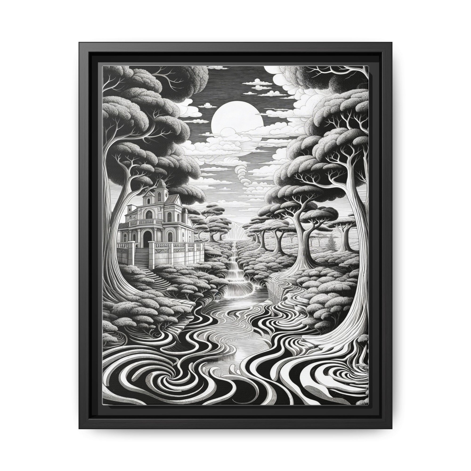 Enchanted River & Mansion Scene Luxury Landscape Wall Art