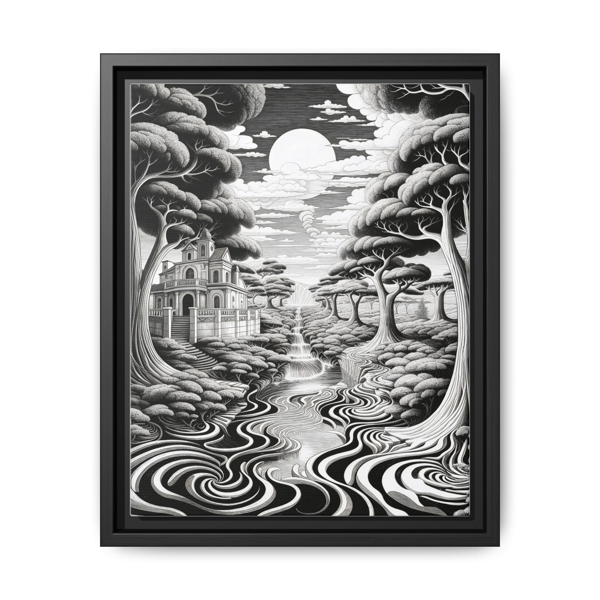 Enchanted River & Mansion Scene Luxury Landscape Wall Art