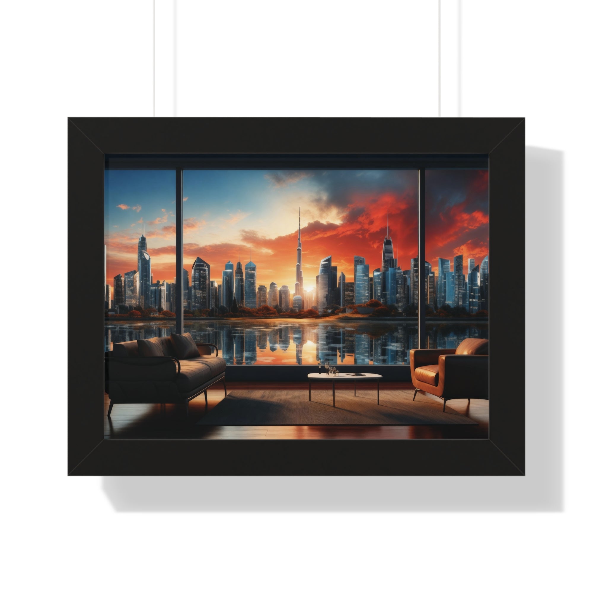 Framed Luxury City View – Modern Living Room Wall Art with Skyline Sunset Reflection