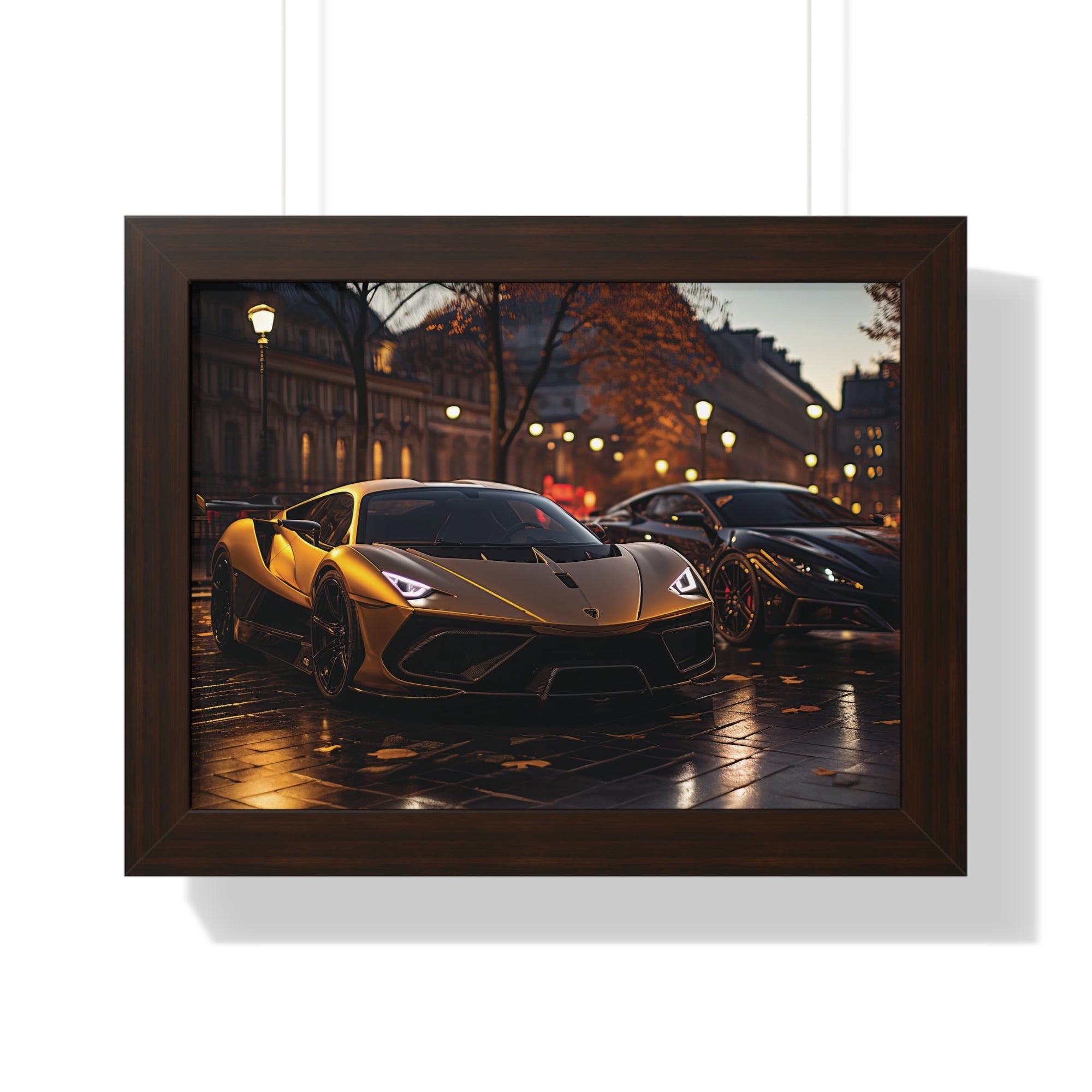 Modified Lamborghini Gold Print - A wet City Street at Night with illuminated Street Lamps