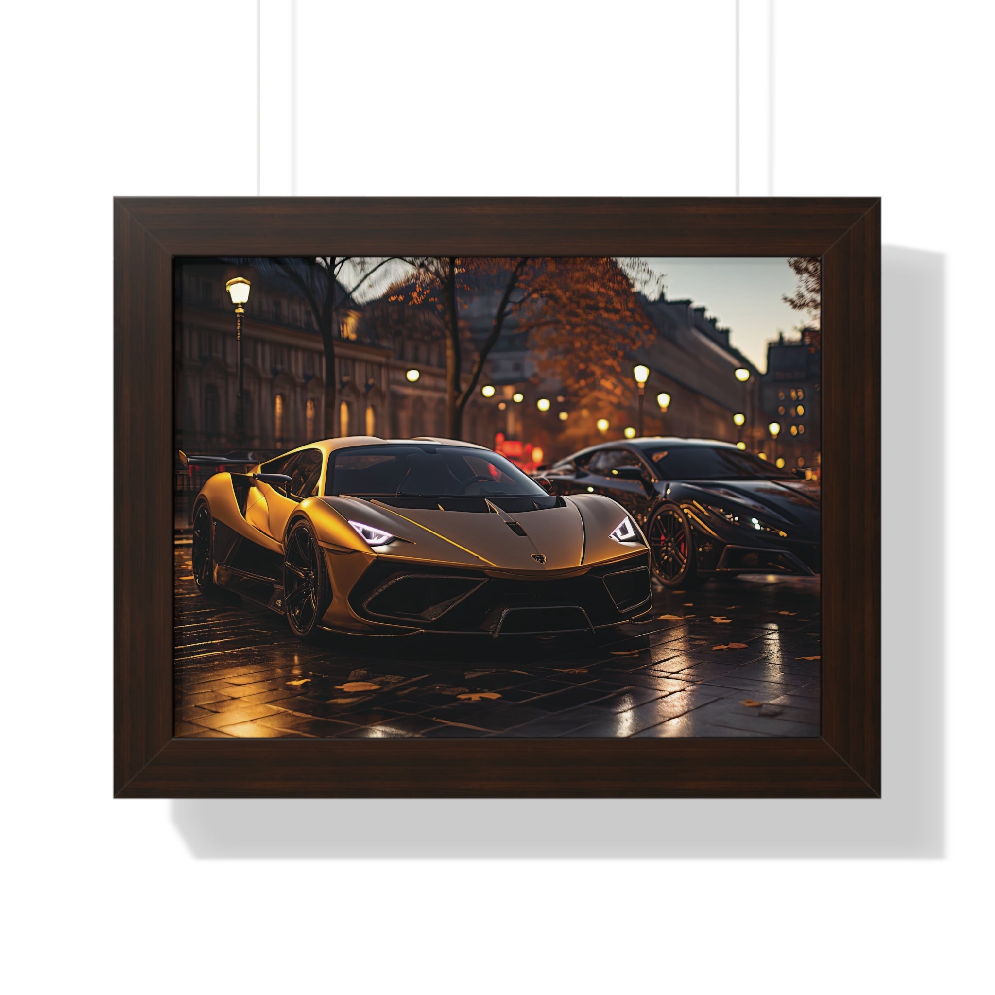 Modified Lamborghini Gold Print - A wet City Street at Night with illuminated Street Lamps