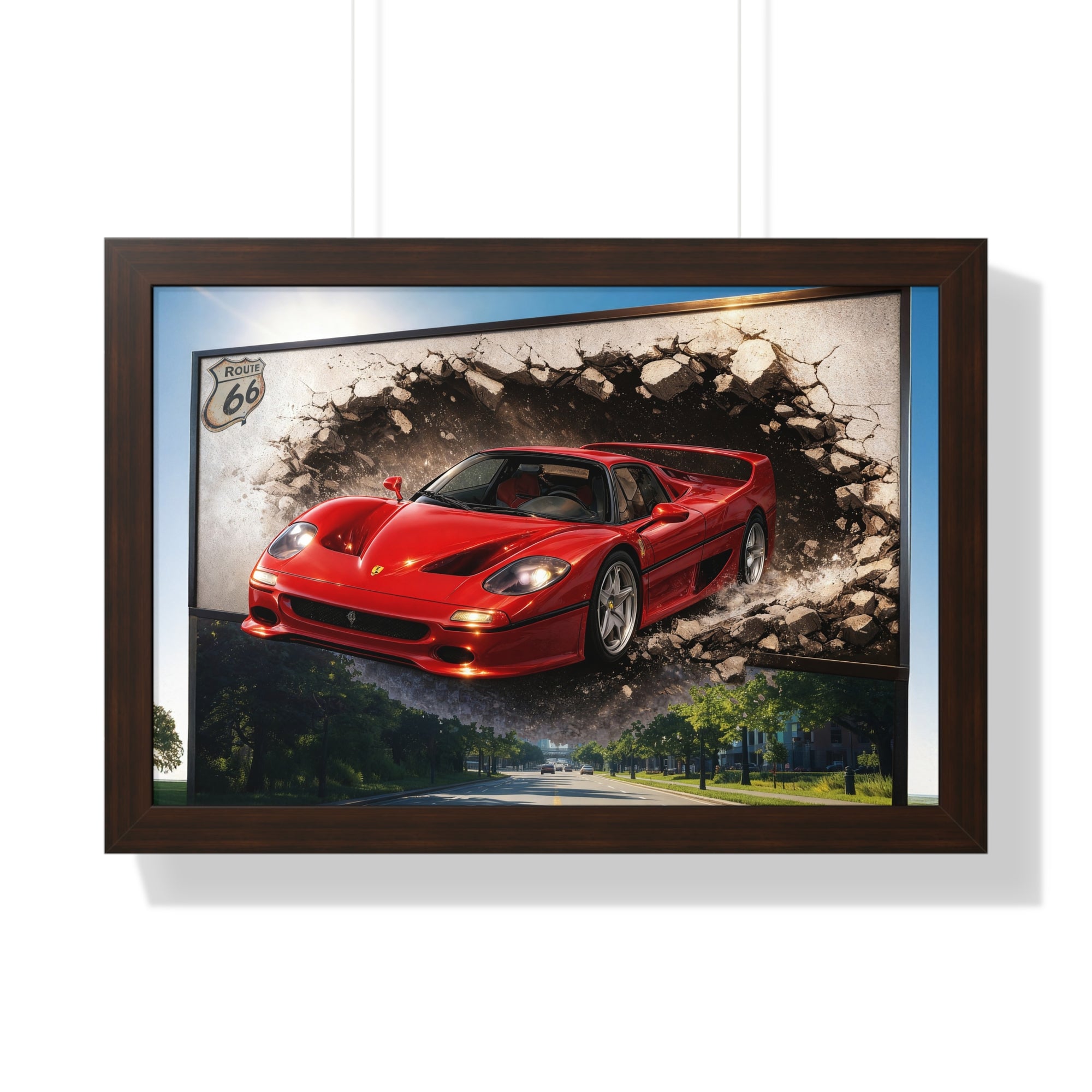 Ferrari F50 Breaking Through Wall – 4K Supercar Canvas