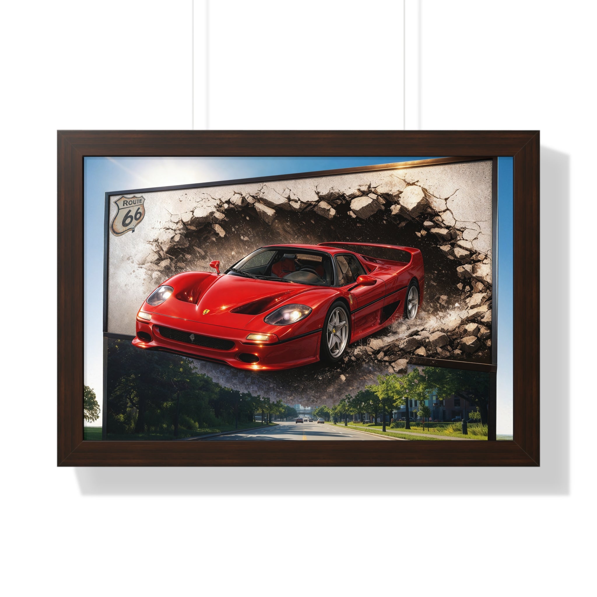 Ferrari F50 Breaking Through Wall – 4K Supercar Canvas