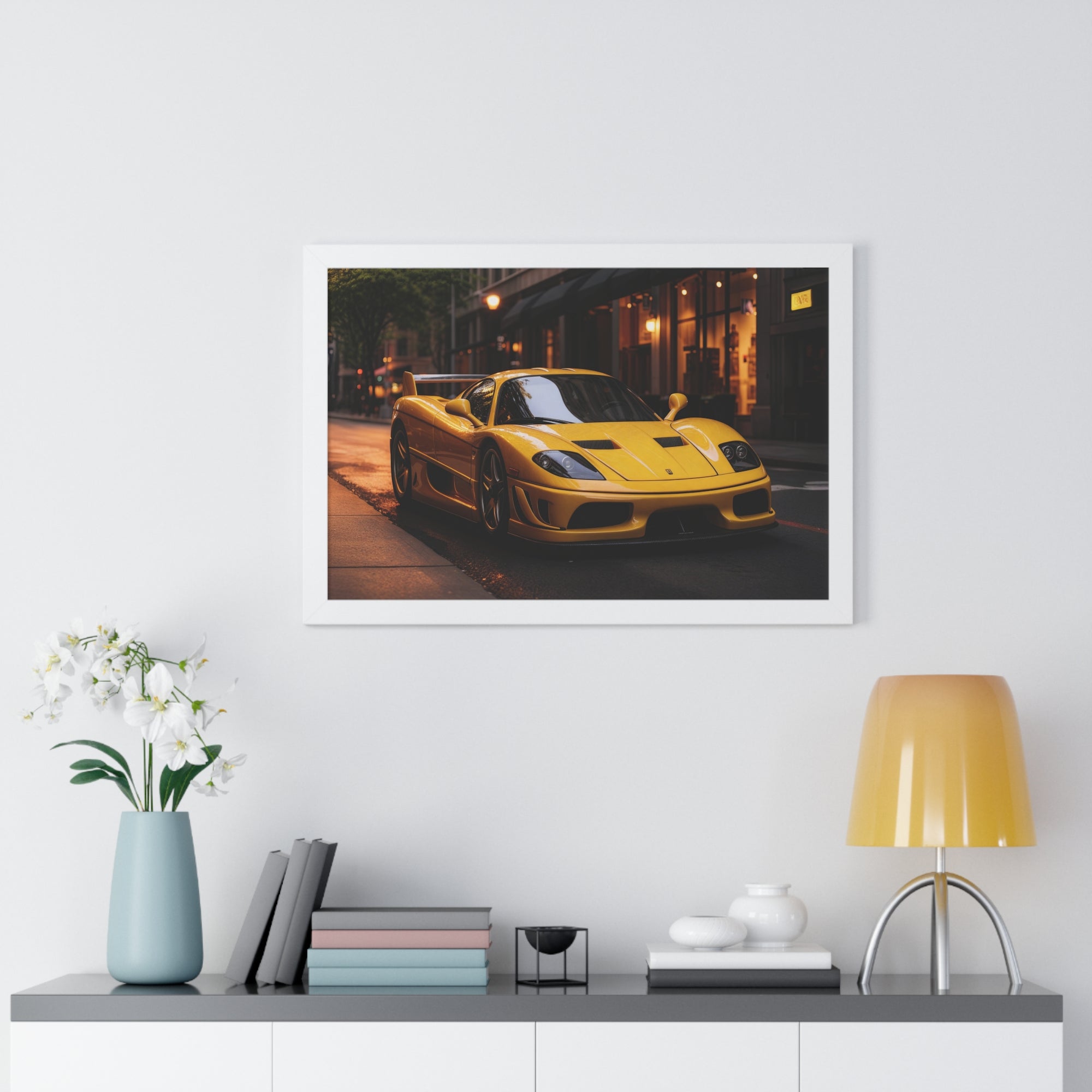 Framed Supercar Poster – Yellow Ferrari F50 in Manhattan