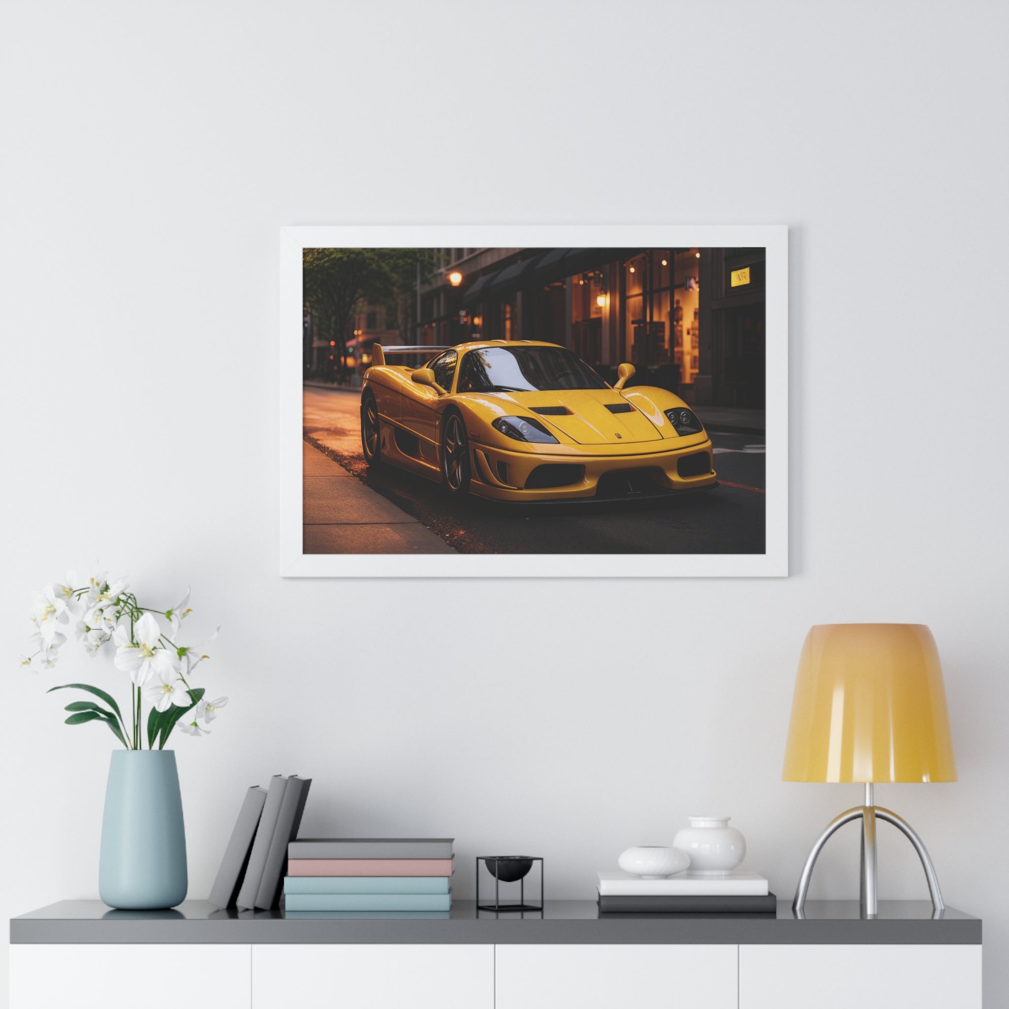 Framed Supercar Poster – Yellow Ferrari F50 in Manhattan