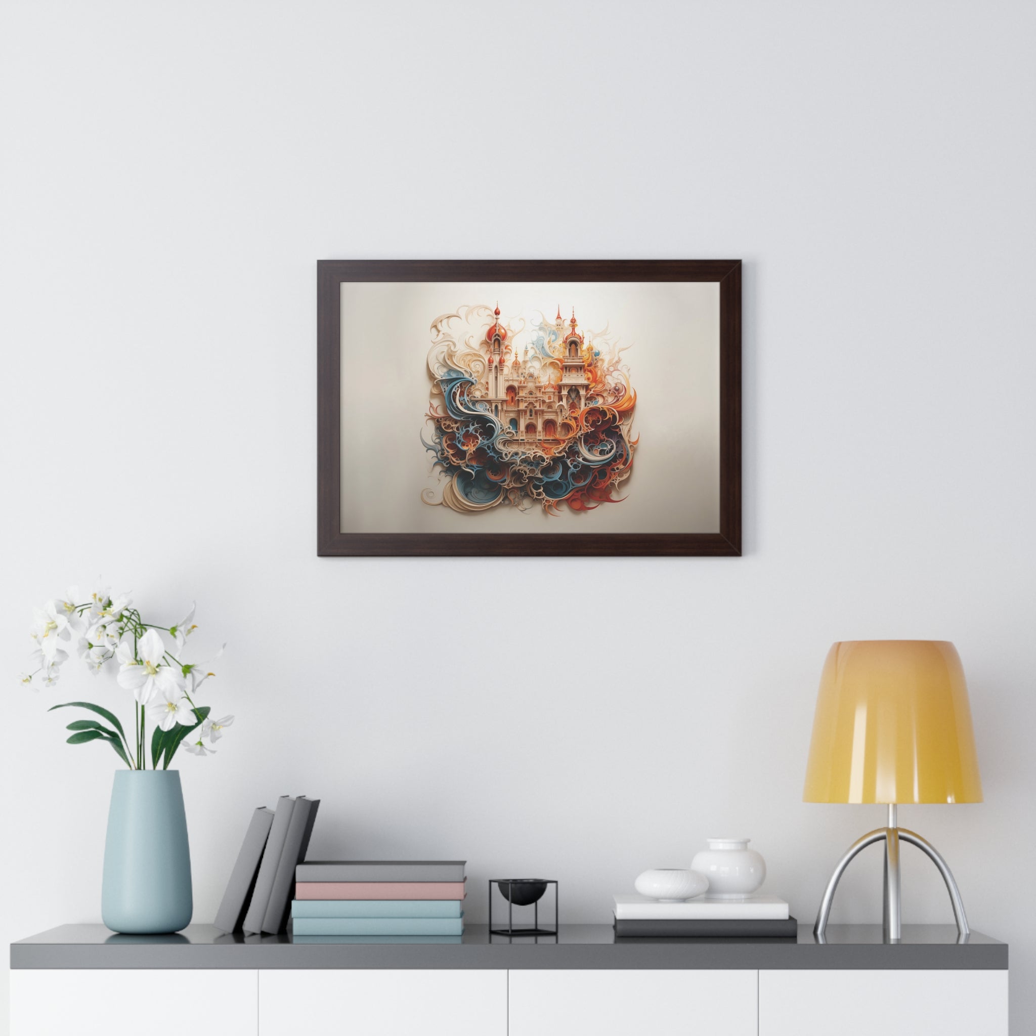 Whimsical Citadel – Mosque Themed Framed Wall Art in Swirling Hues