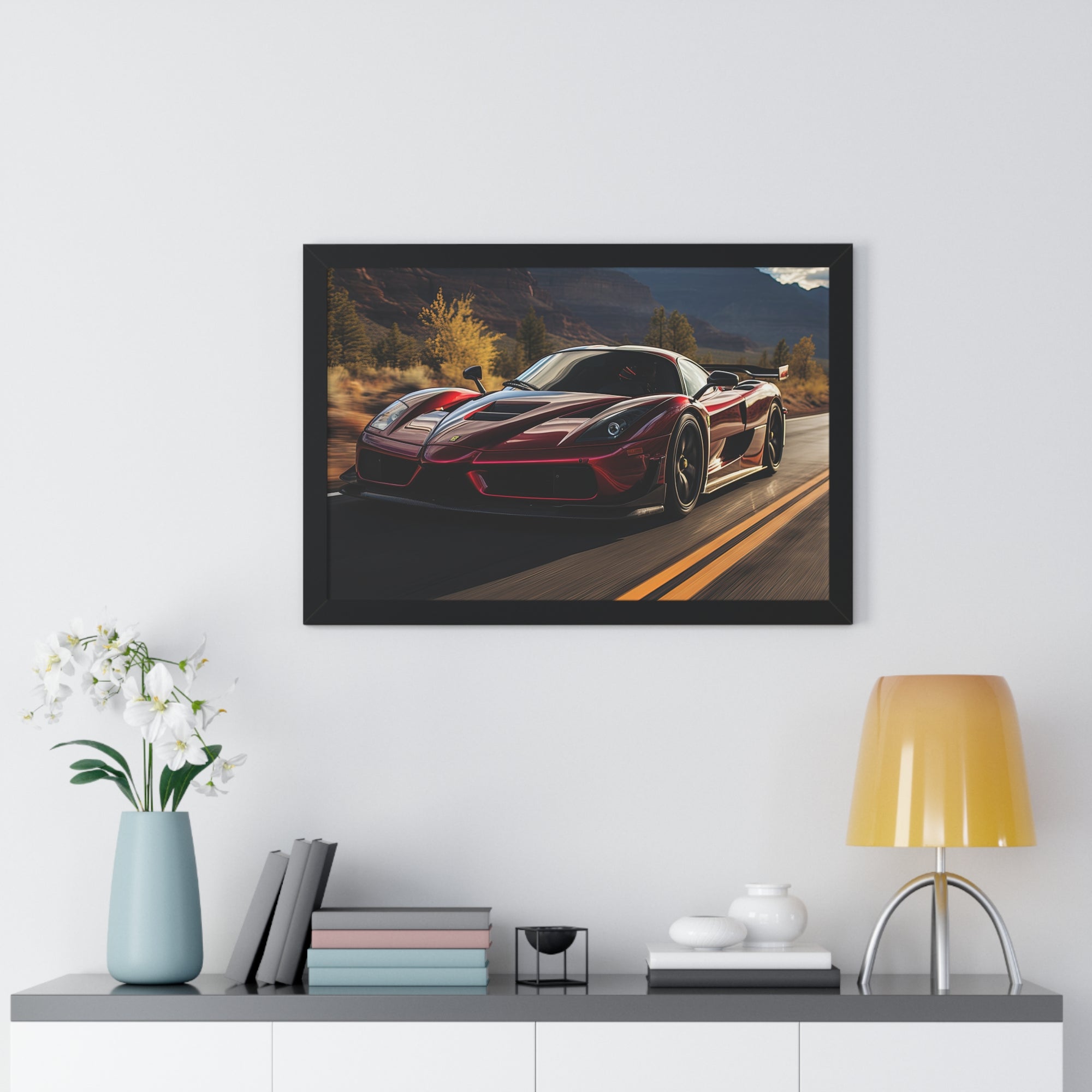 Red Ferrari F50 – Framed Poster in Majestic Mountain Setting