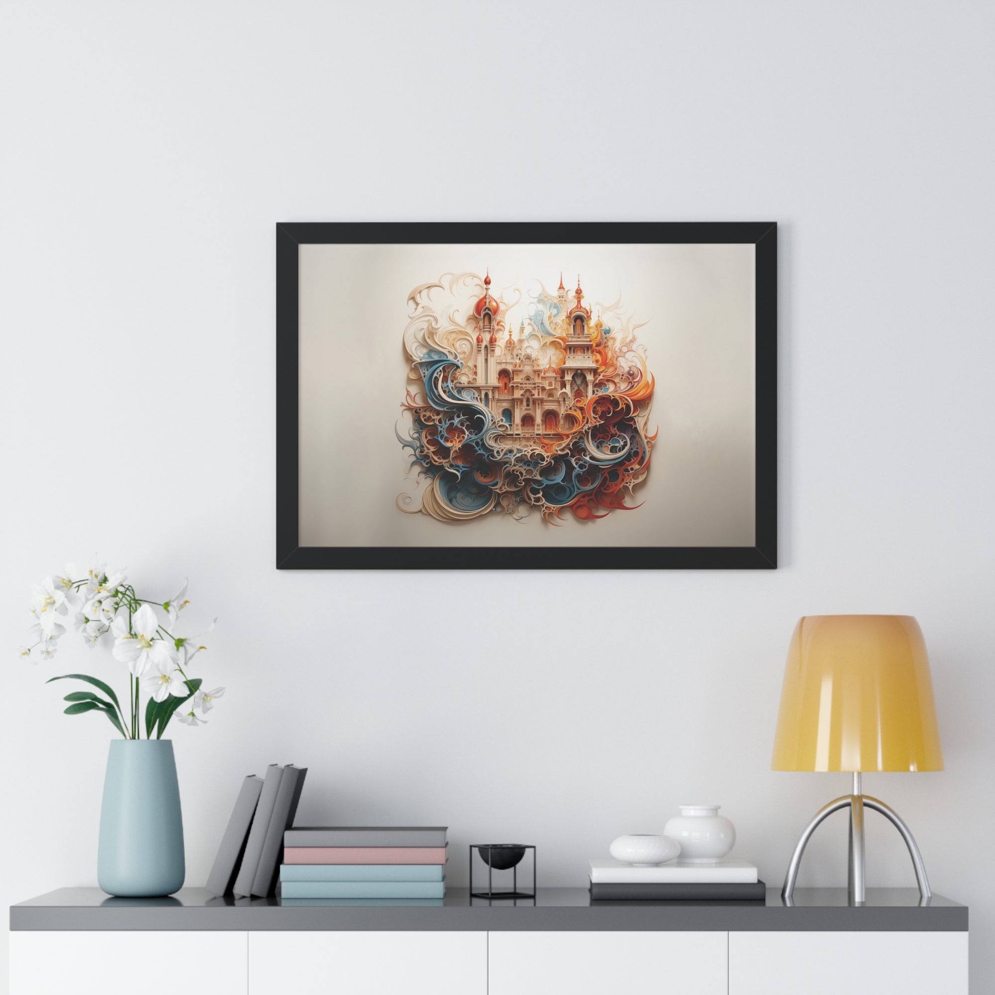 Whimsical Citadel – Mosque Themed Framed Wall Art in Swirling Hues