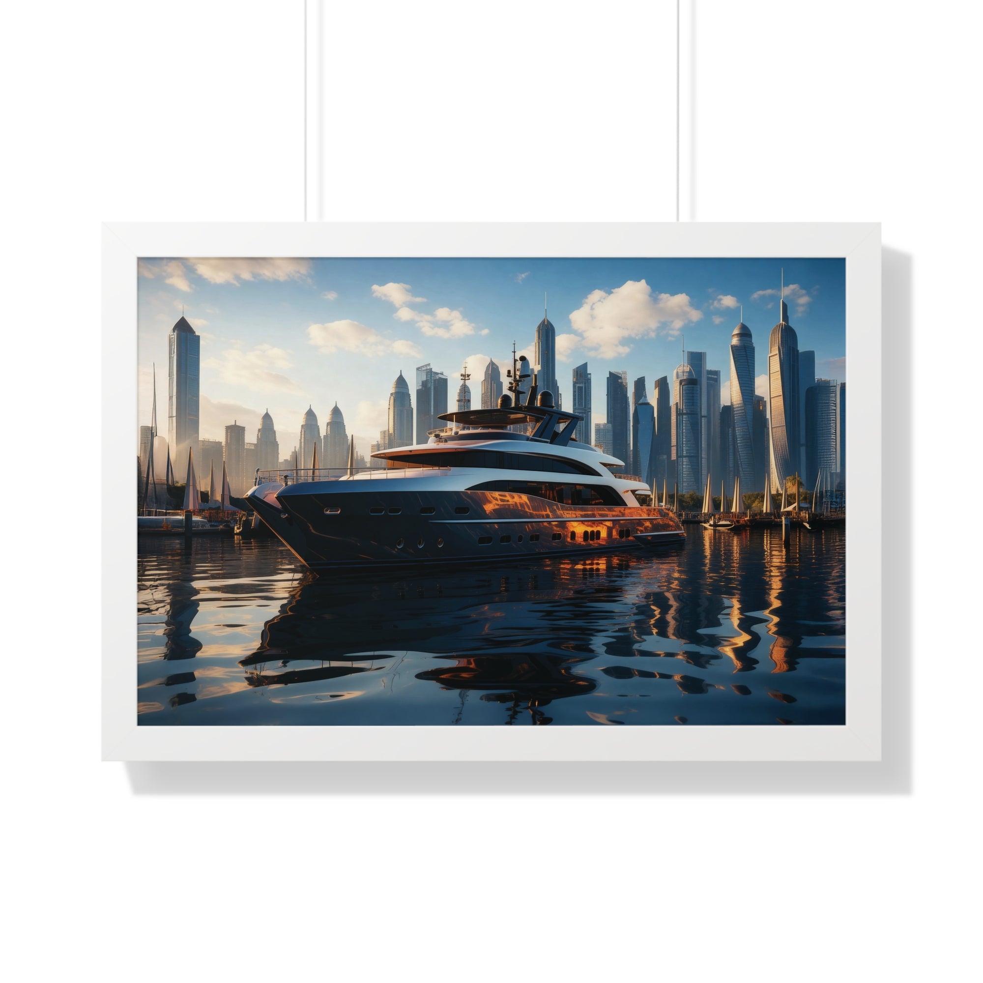 Luxury Yacht Marina at Sunset – Framed Cityscape Wall Art for Modern Interiors