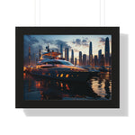 Framed Luxury Yacht at Sunset – Unique Marina Cityscape Wall Art