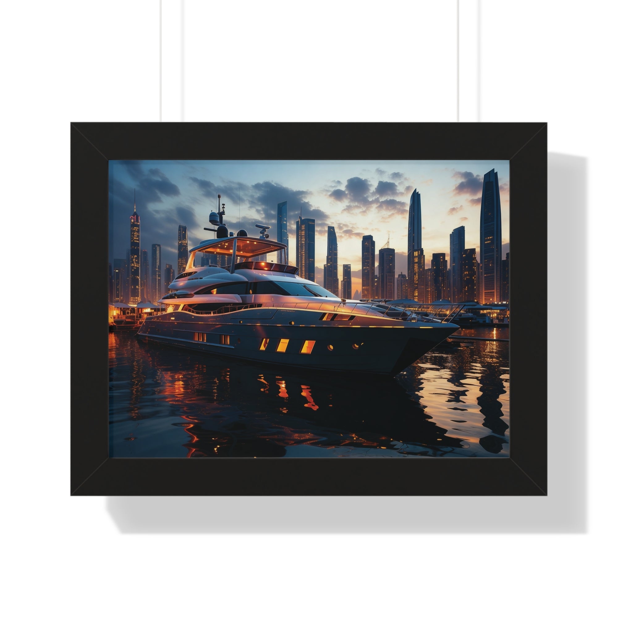 Framed Luxury Yacht at Sunset – Unique Marina Cityscape Wall Art