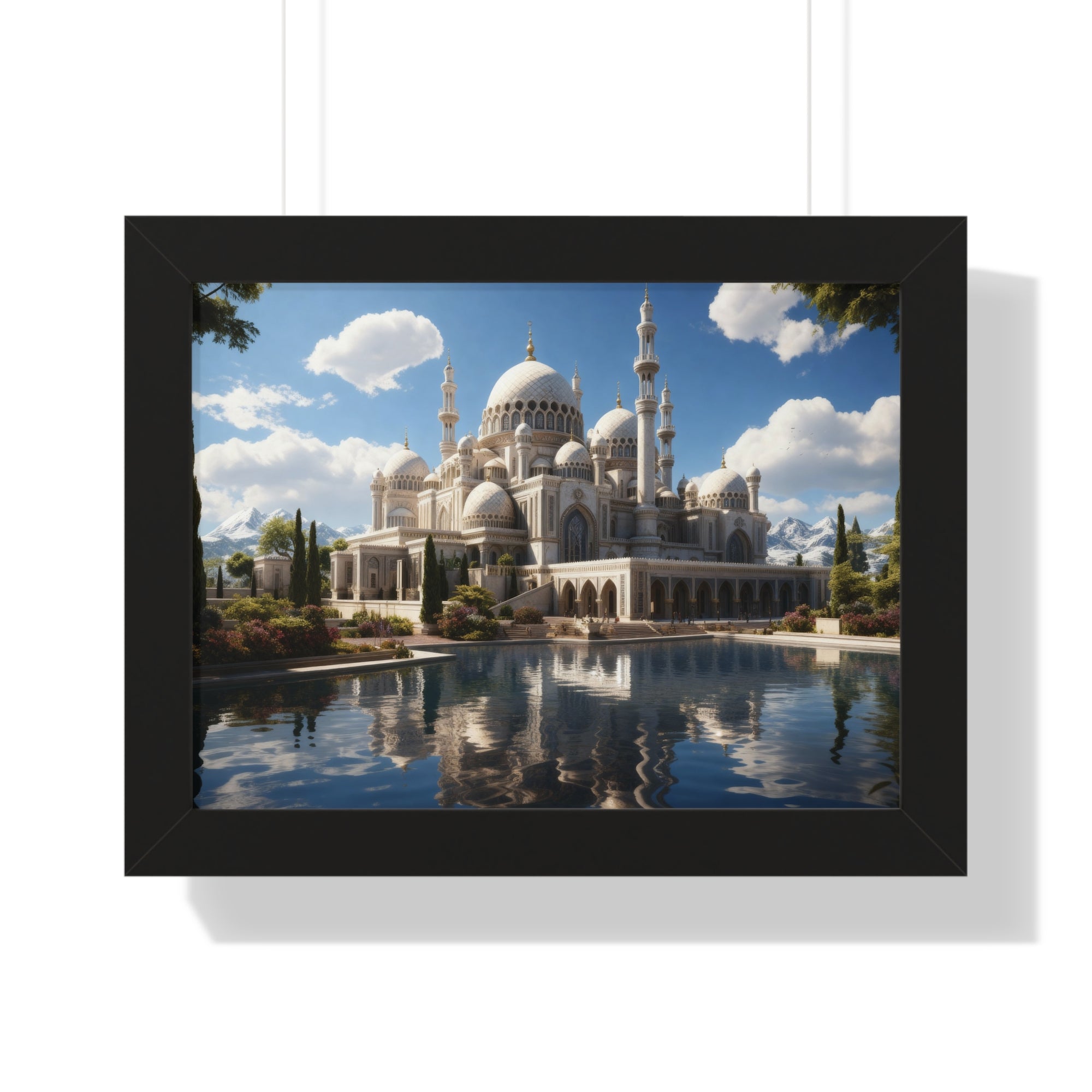Reflections of Faith – Framed Islamic Mosque Wall Art with Scenic Lake & Mountain Backdrop