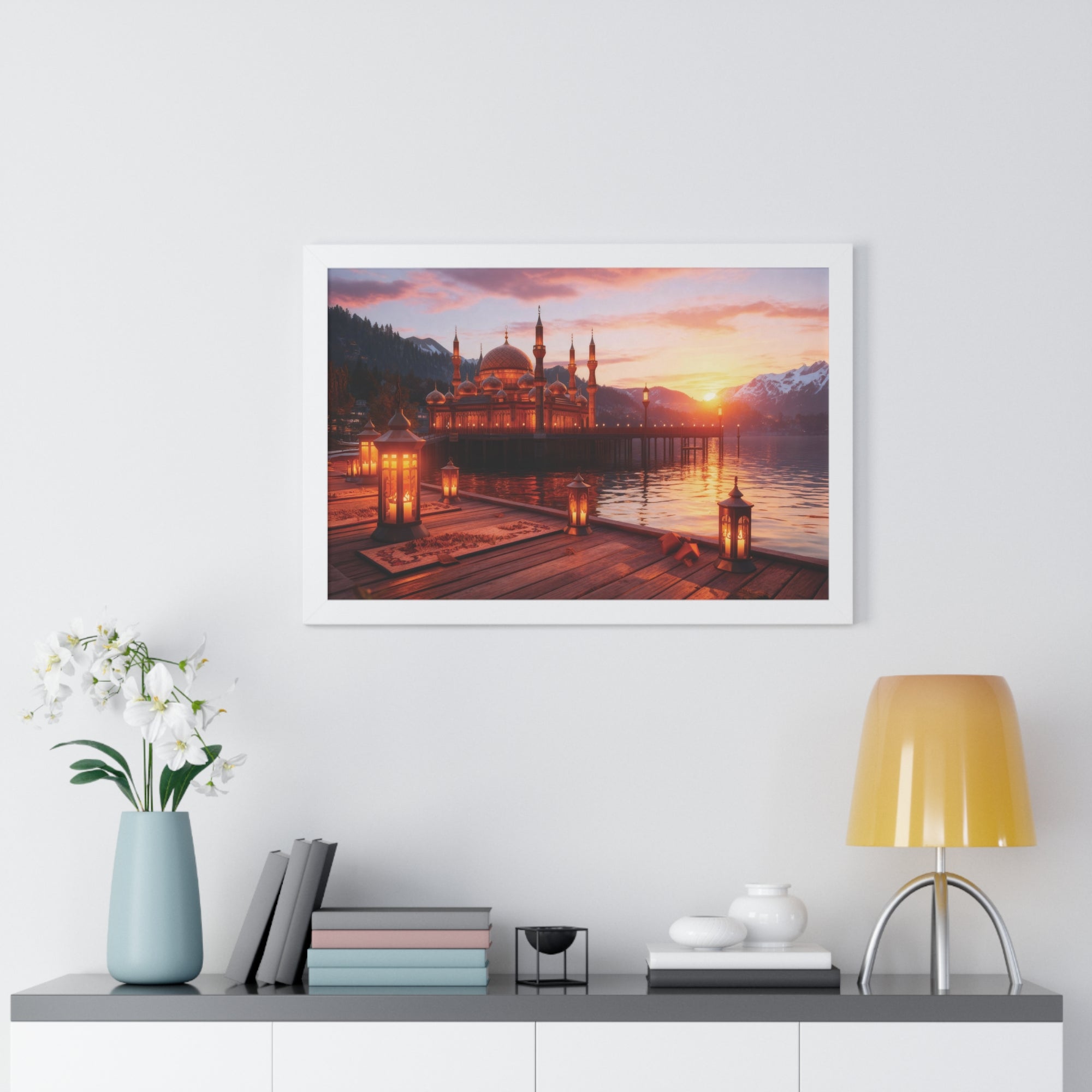 Twilight Serenity – Illuminated Mosque Reflections Framed Wall Art