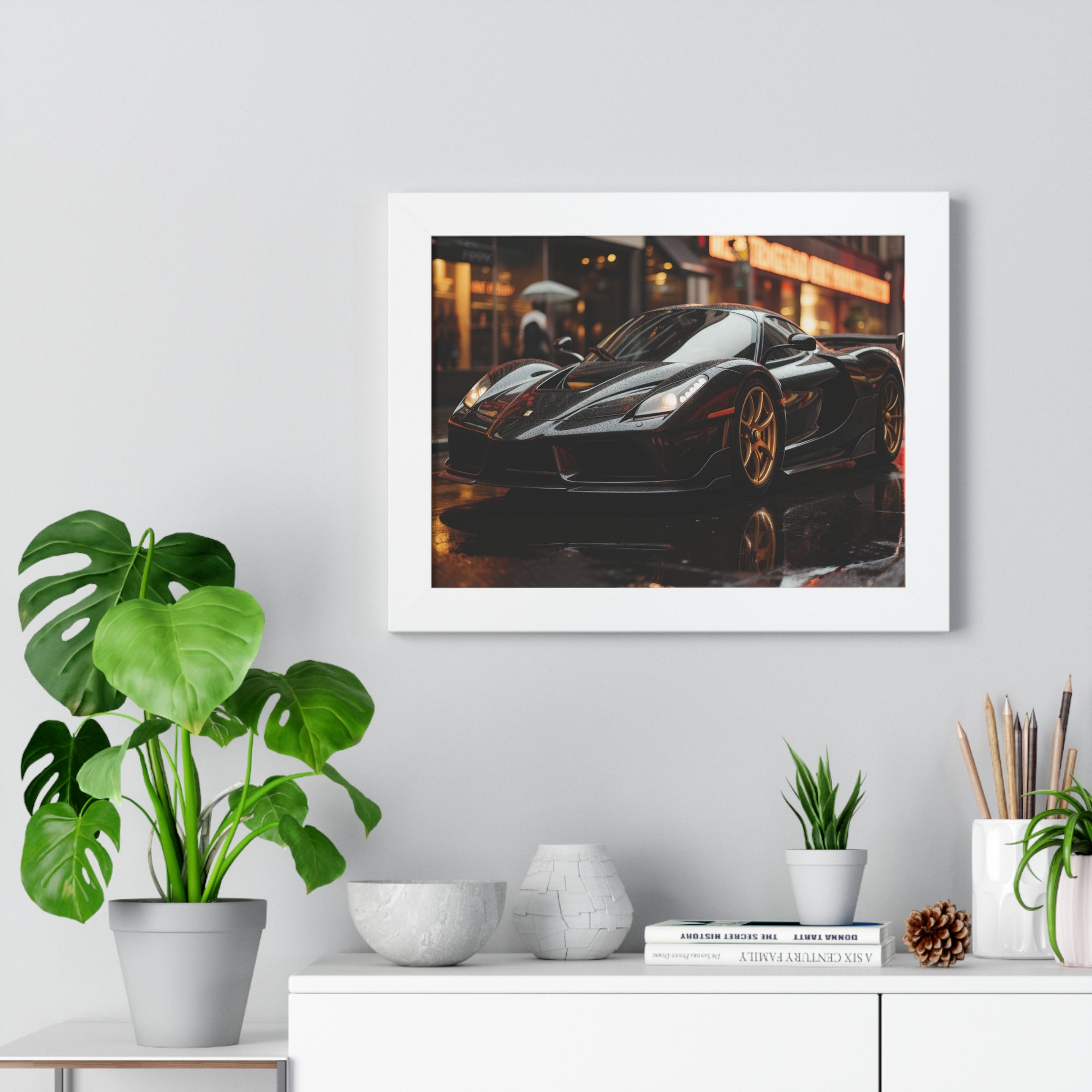 Framed Black Ferrari F50 Poster – Bold Automotive Statement Piece