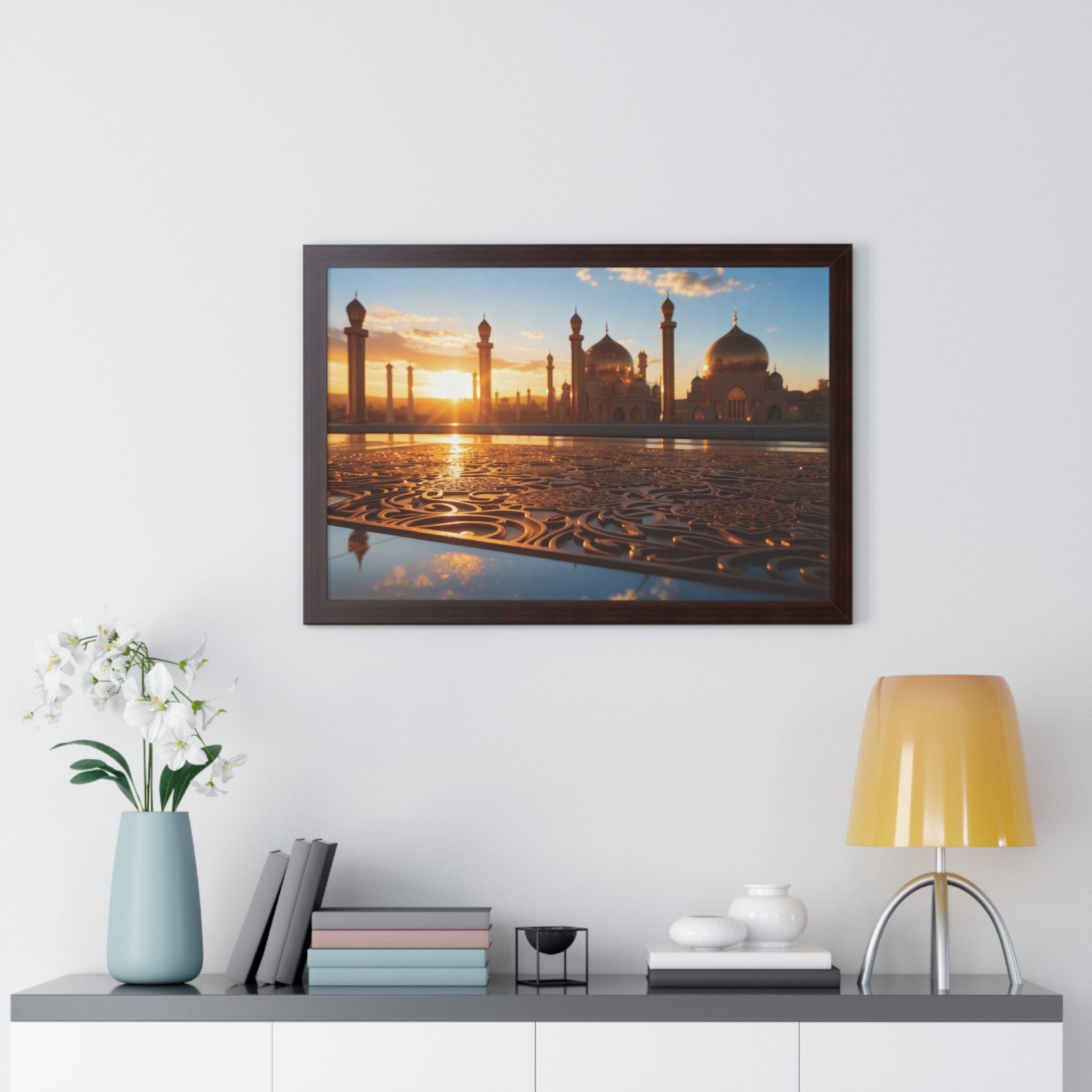 Golden Serenity Sunset Mosque Wall Art – Islamic Architecture Print