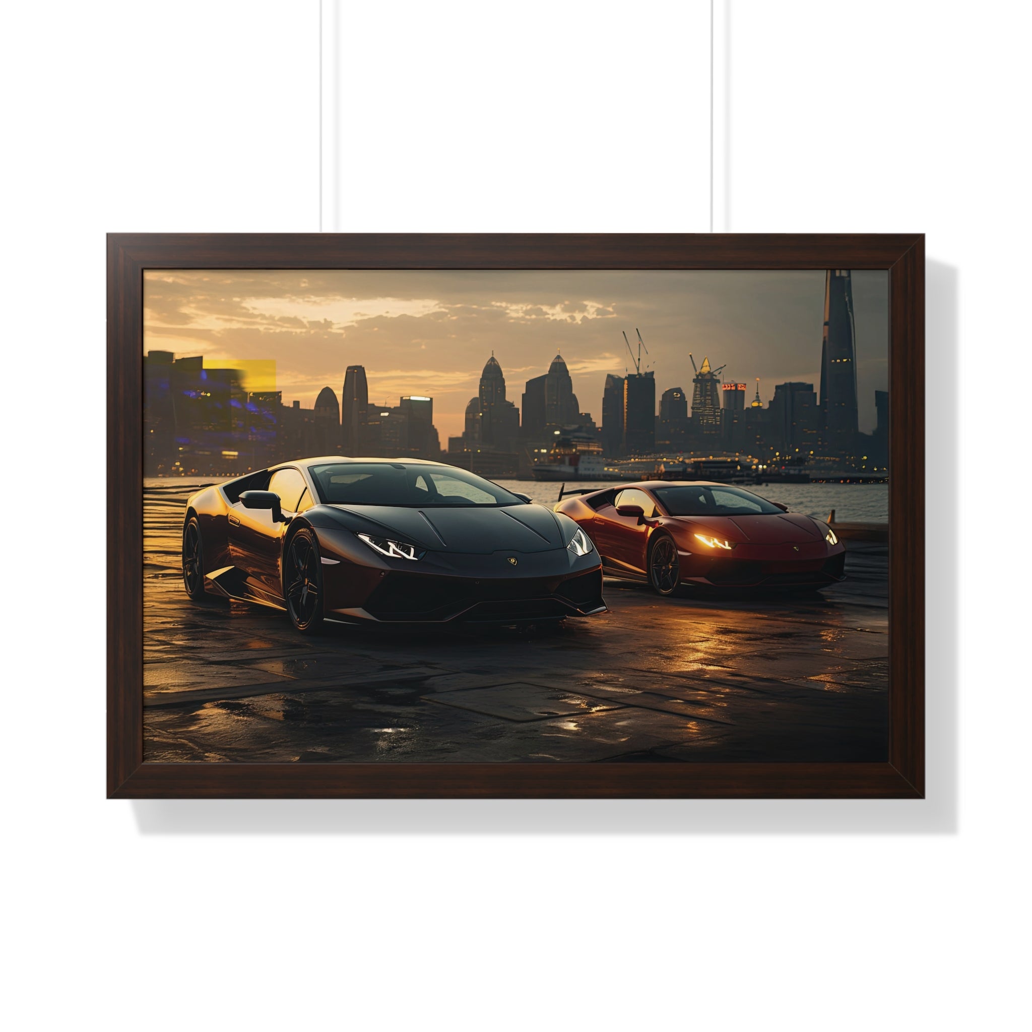 Lamborghinis Parked on a Waterfront at Sunset