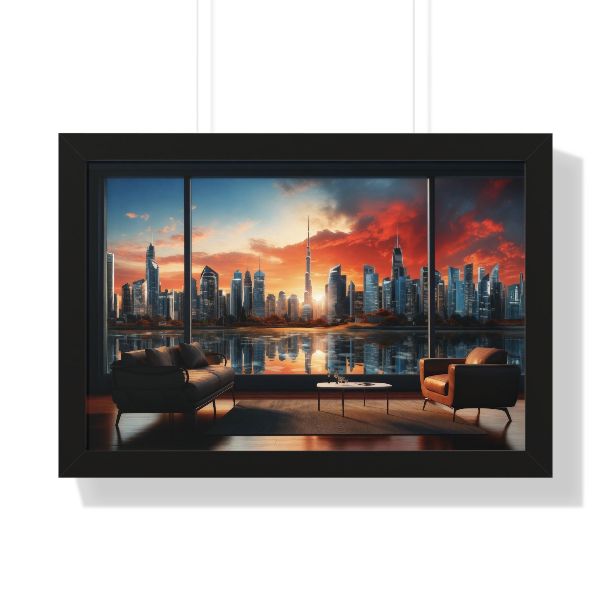 Framed Luxury City View – Modern Living Room Wall Art with Skyline Sunset Reflection