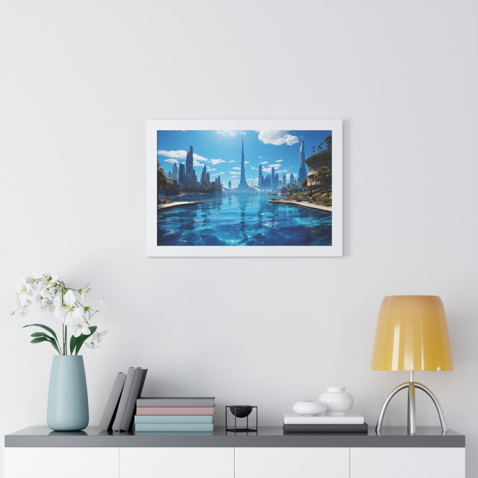 Futuristic Waterfront Skyline – Framed Wall Art with Palm Trees & Ultra-Modern Architecture