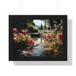 Tranquil Garden Stream with Scarlet Blooms