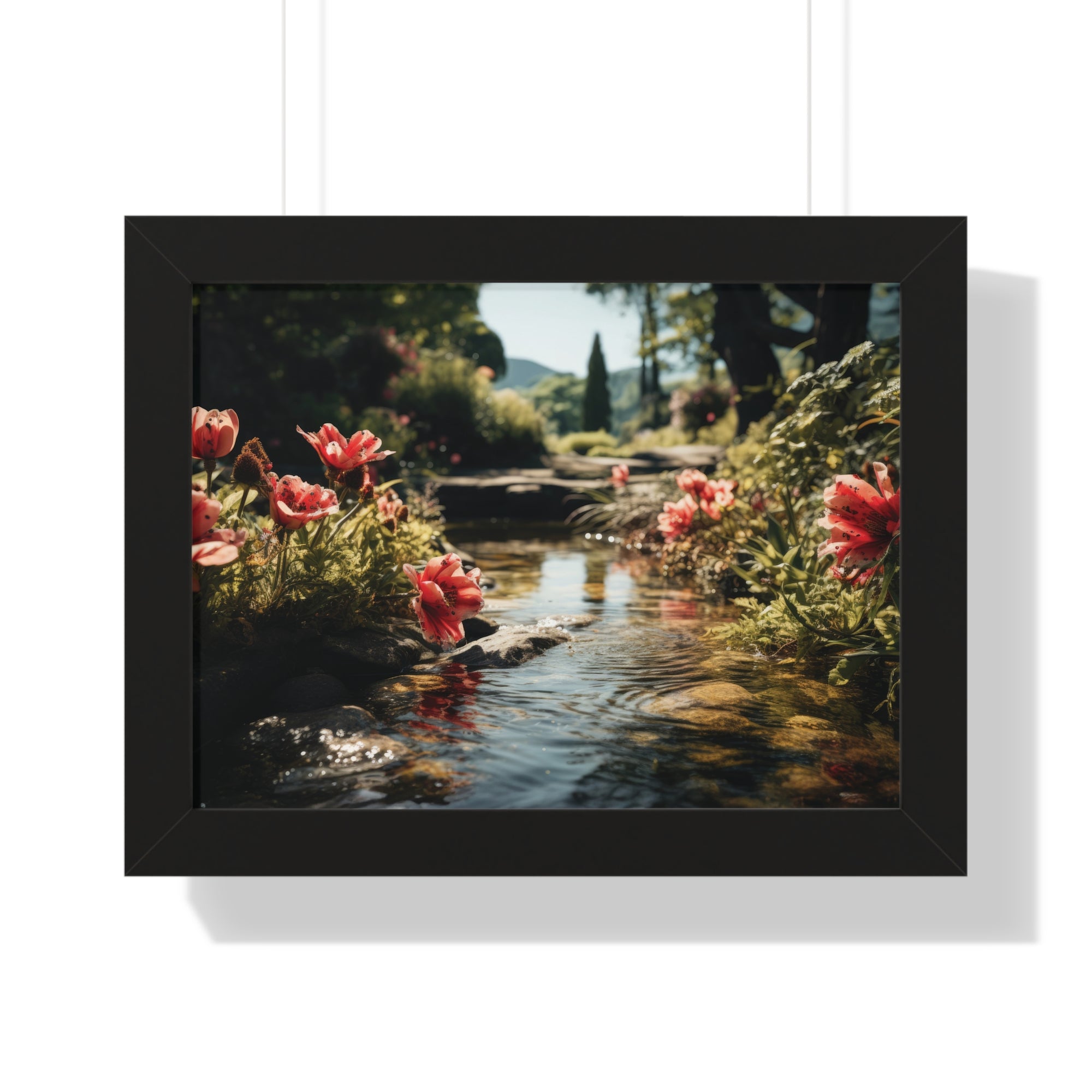 Tranquil Garden Stream with Scarlet Blooms