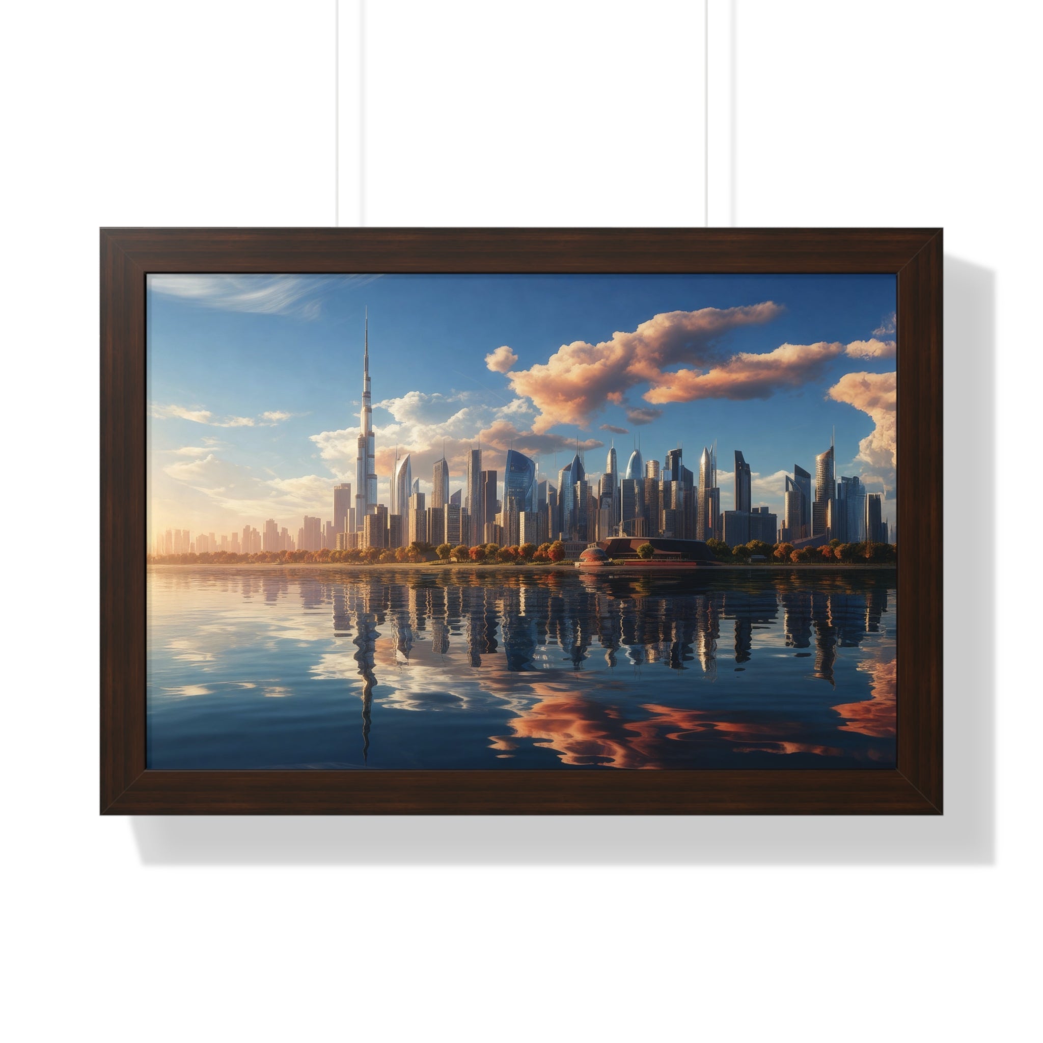 Framed Dubai Sunset Cityscape – Luxury Wall Art with Burj Khalifa for Elegant Interiors