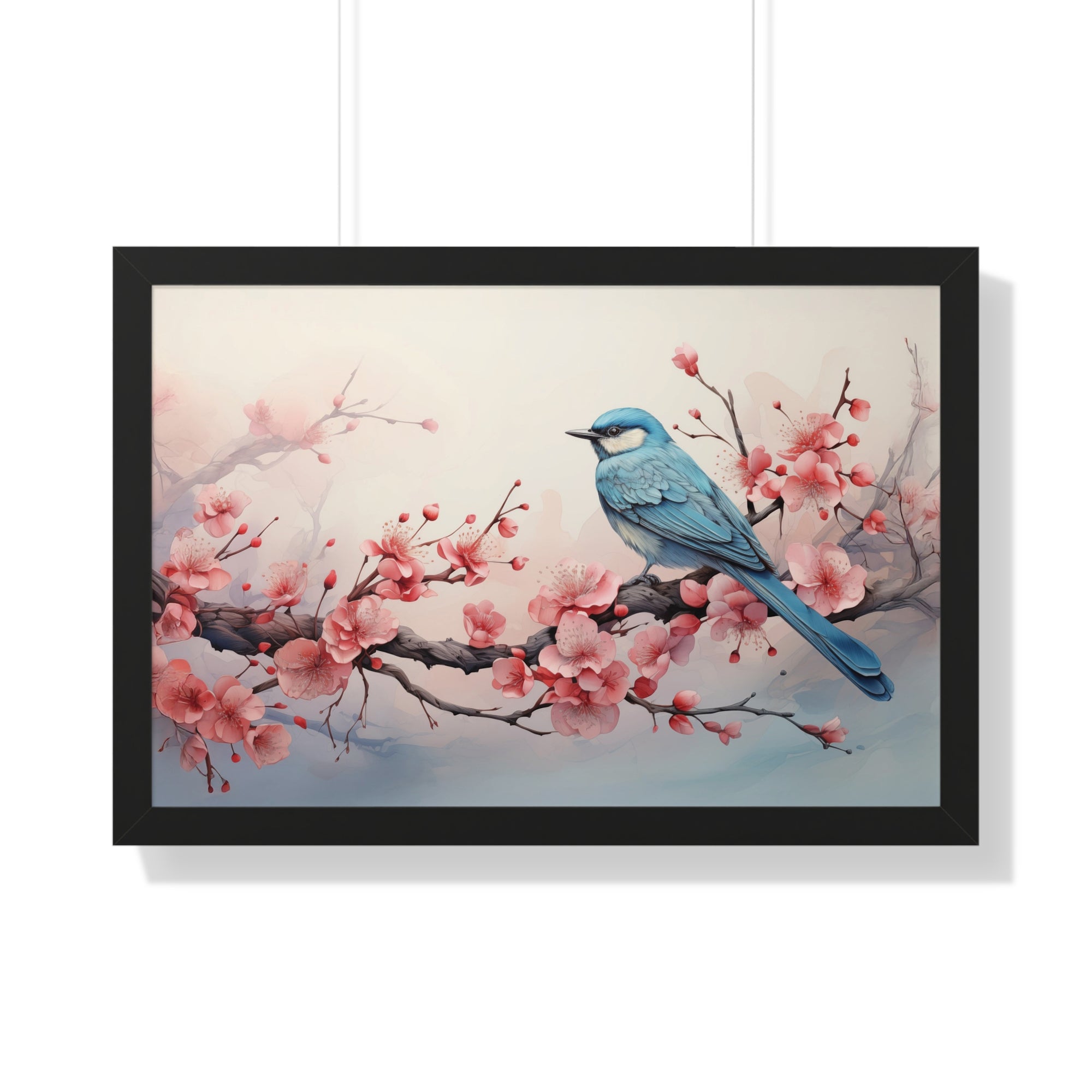Blue Jay in Bloom  Botanical Wall Art with Cherry Blossoms