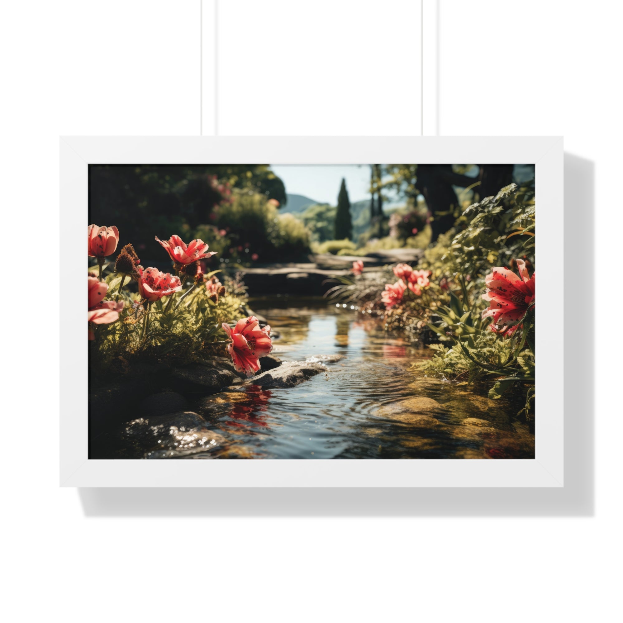 Tranquil Garden Stream with Scarlet Blooms