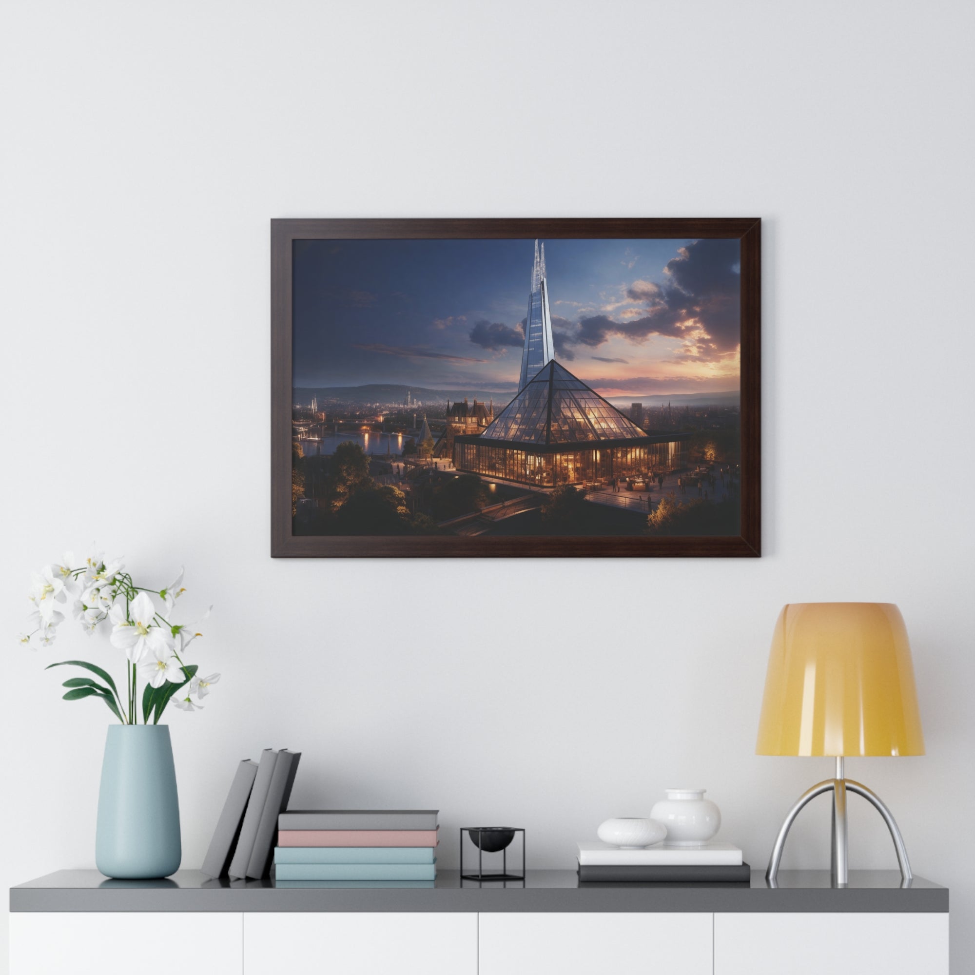 Futuristic Twilight: Glass Spire & Pyramid Skyline – Illuminated Architecture Wall Art