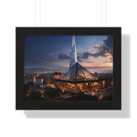 Futuristic Twilight: Glass Spire & Pyramid Skyline – Illuminated Architecture Wall Art