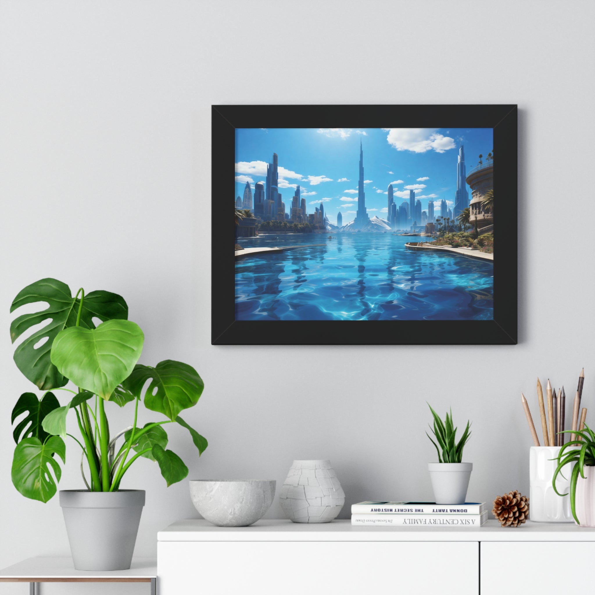 Futuristic Waterfront Skyline – Framed Wall Art with Palm Trees & Ultra-Modern Architecture