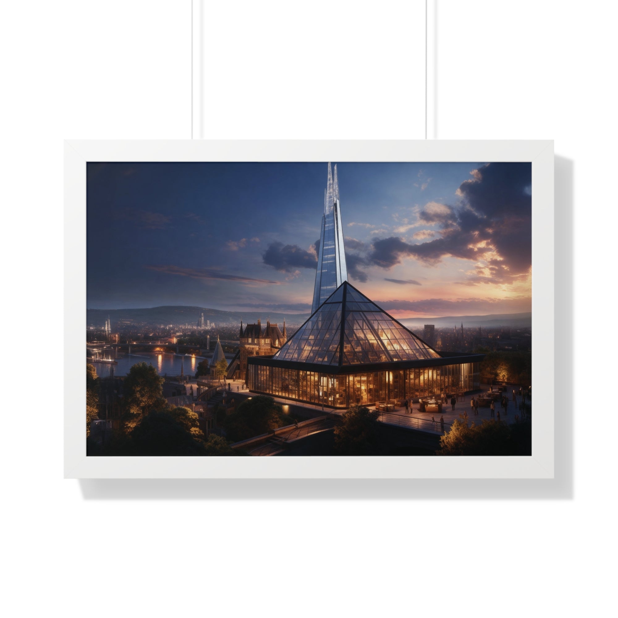 Futuristic Twilight: Glass Spire & Pyramid Skyline – Illuminated Architecture Wall Art
