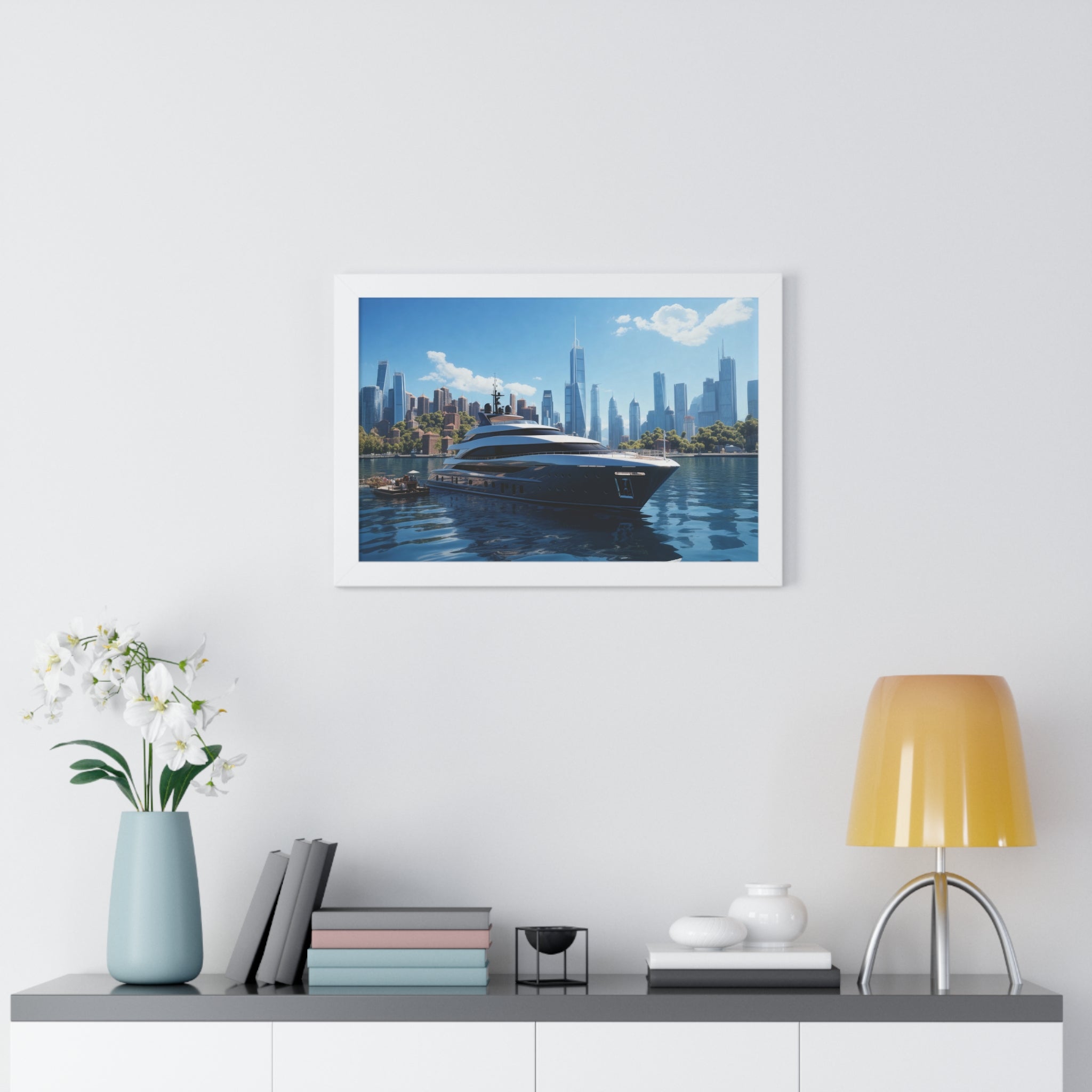 Luxury Waterfront Serenity – Framed Yacht & Skyline Wall Decor