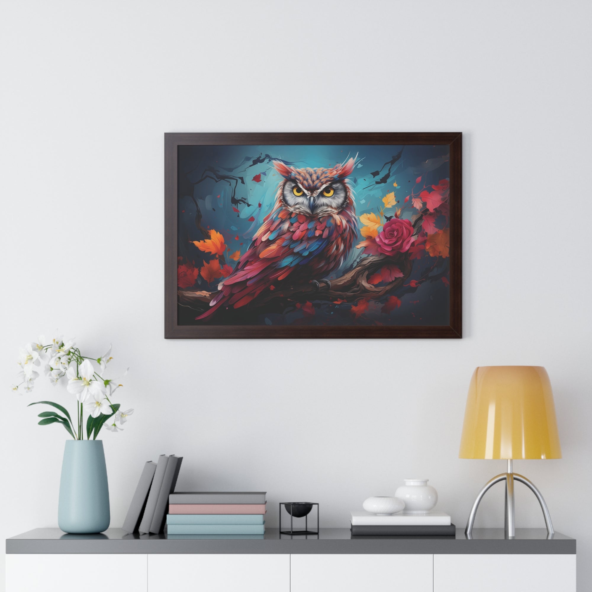 Crimson Perch —🌹Vibrant Owl Wall Art with Autumn Bloom